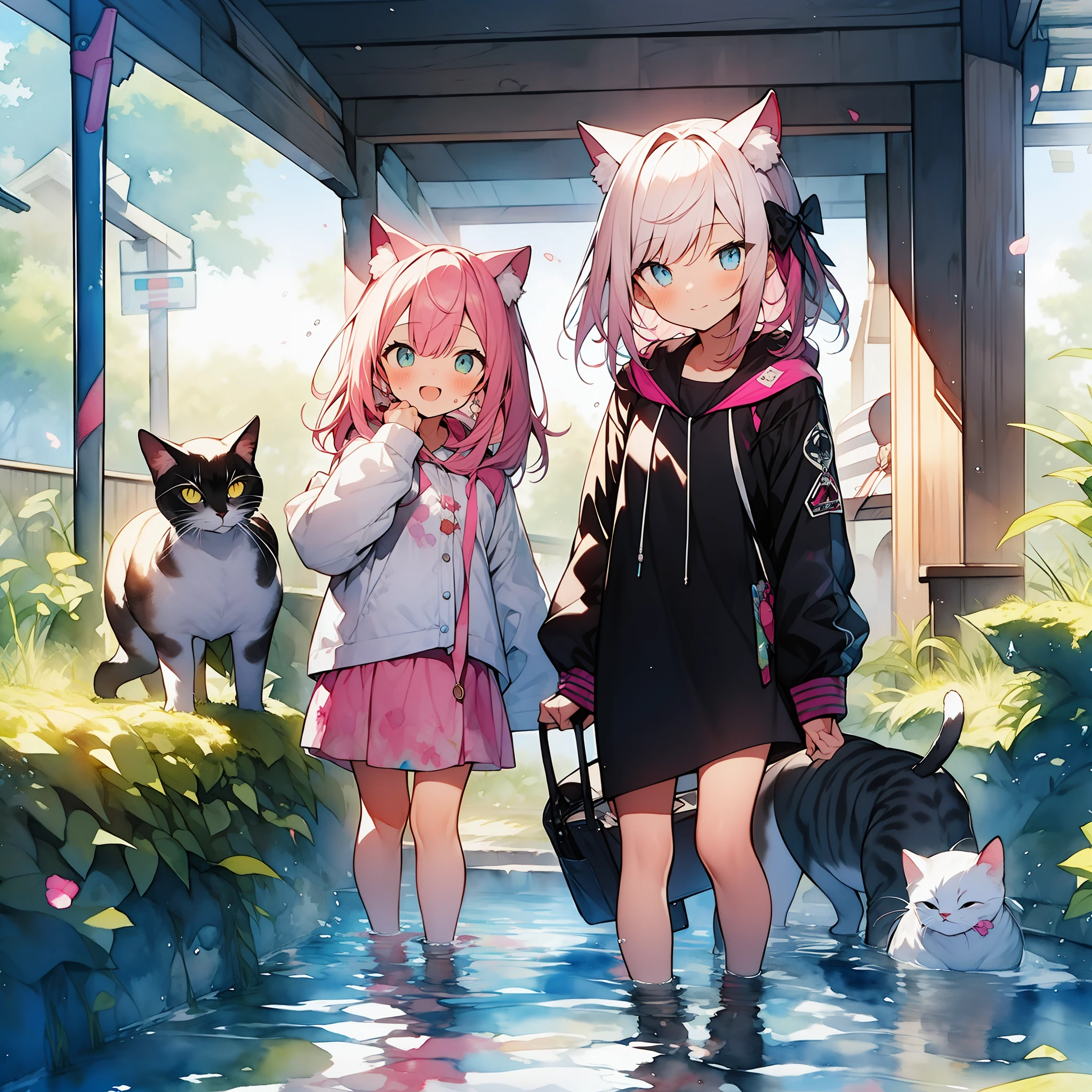 (watercolors:1.2),pink-haired,cat ear,1girls,iridescence,Small skirt,full - body,Character design