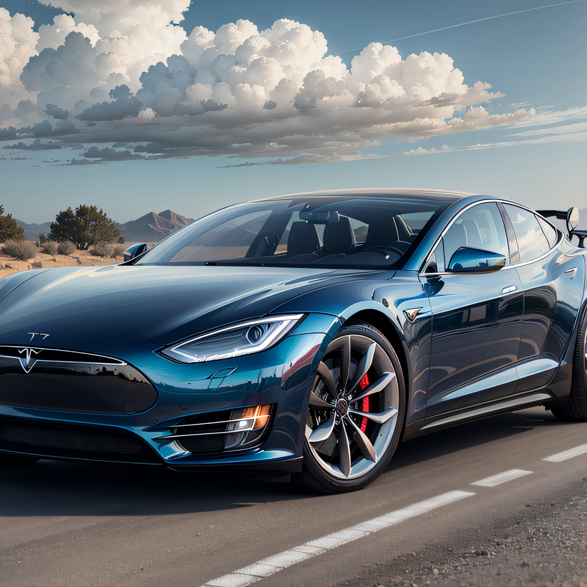 Um carro (marca tesla) (cor azul escuro) no meio da estrada, cinemac lighting, fotorrealista, rodas de liga leve detalhadas, altamente detalhado, futuristico, universo, estrelado