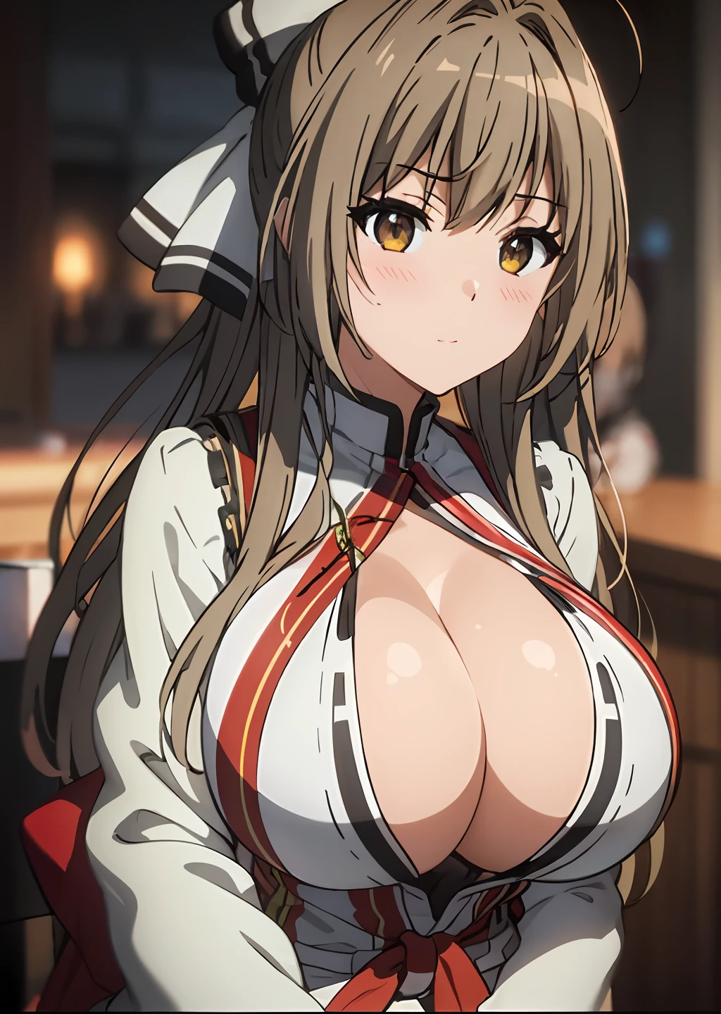 SeaArtBot Txt2Img 02:20:39 Task ID：44014568726597 Masterpiece、beste Quality、Sento Isuzu、Sento Isuzu、Hair ribbon、brown eyess、Antenna Hair、Giant tits、in 8K, beste Quality, ultra-highres, Depth Field , 1girls, , perfect glossy skin, flawless skin, Fair skin, gigantic breastss,  Narrow waist, thin blush、 looking at the viewers, Light Smile,sweats、Blur background、KyoAni、Kyoani style、cowboy-shots、Random angles