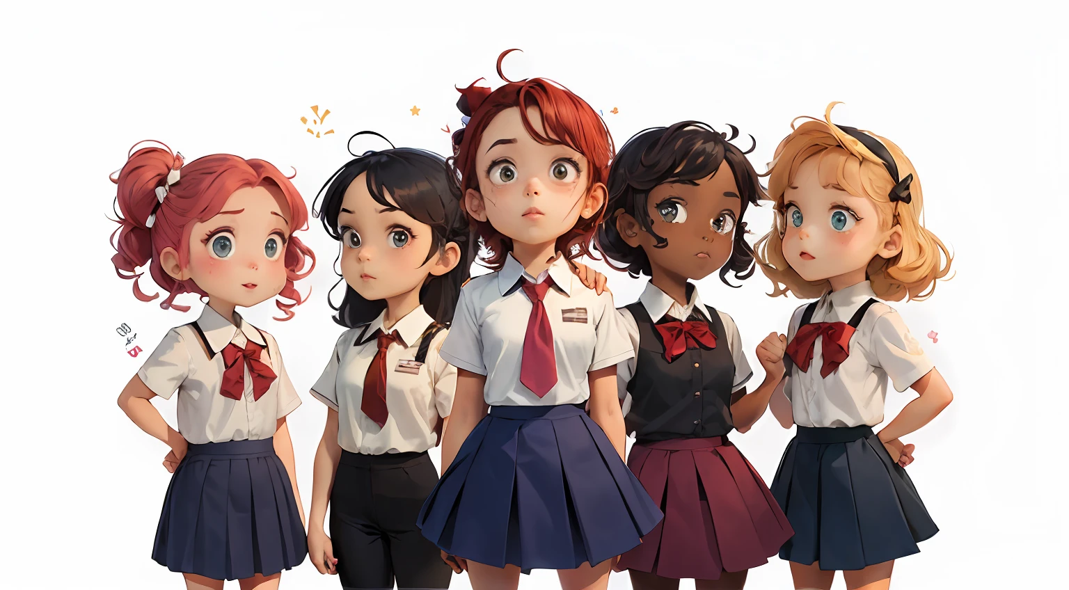 menina 9 anos estilo cartoon bem infantil. kidny. personagem para capa de ebook infantil. Curly and red hair up to the shoulder. Bow on pink head. Olhos castanhos e grandes. pele branca. mesmo personagem. wearing dark blue skirt and white blouse as high school uniform. Meia branca e sapato preto, estilo cartoon. various poses, same character deta reference --auto --s2