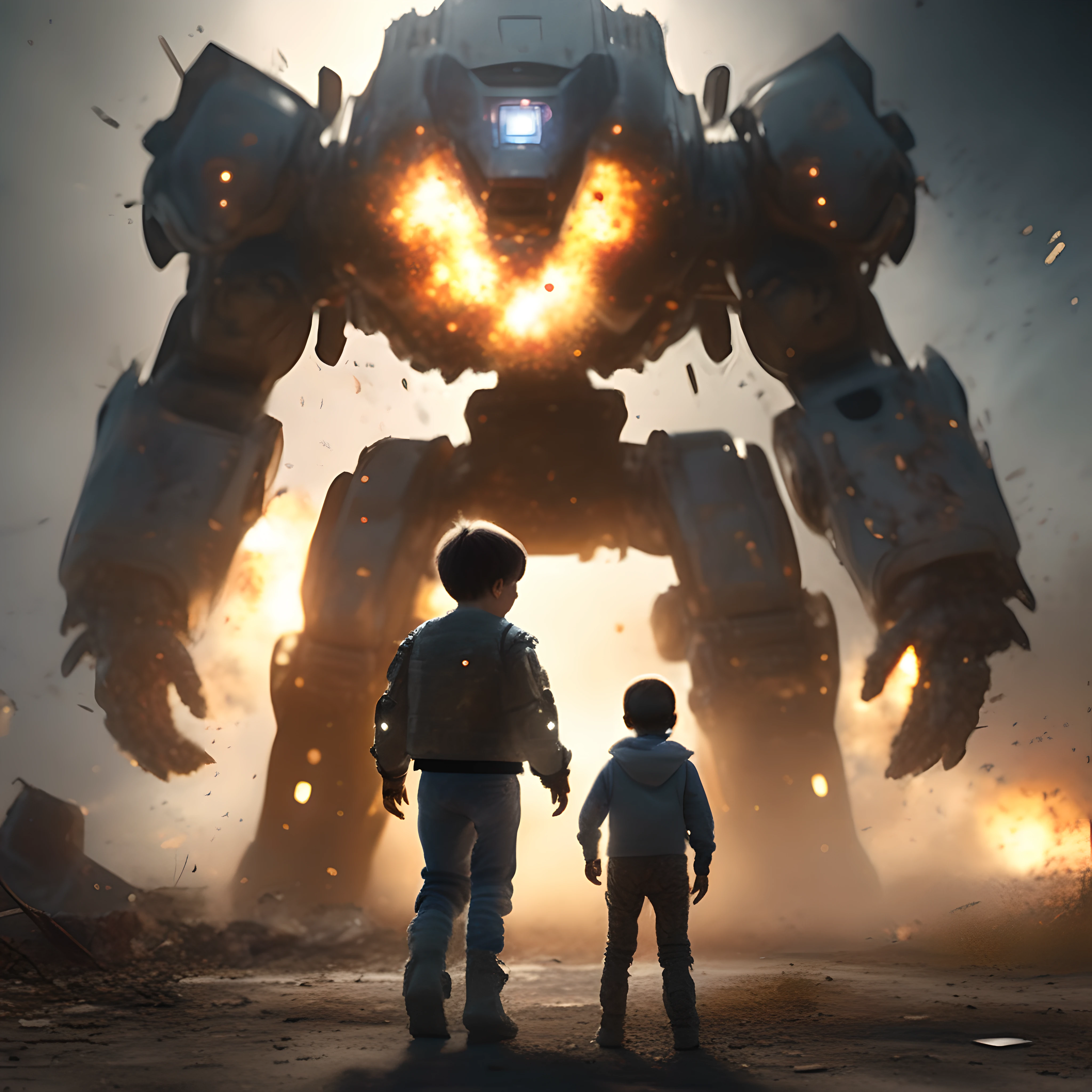 Hyper-realistic，Cinematic texture，Face away from the light source，Depicts scenes from the battlefield of the future，A fighter mech protects a young boy with his body in an explosion，dynamic blur，Explosion in the background，firelight，super-detail，Wear and tear，metallic reflective，Focus：younge boy