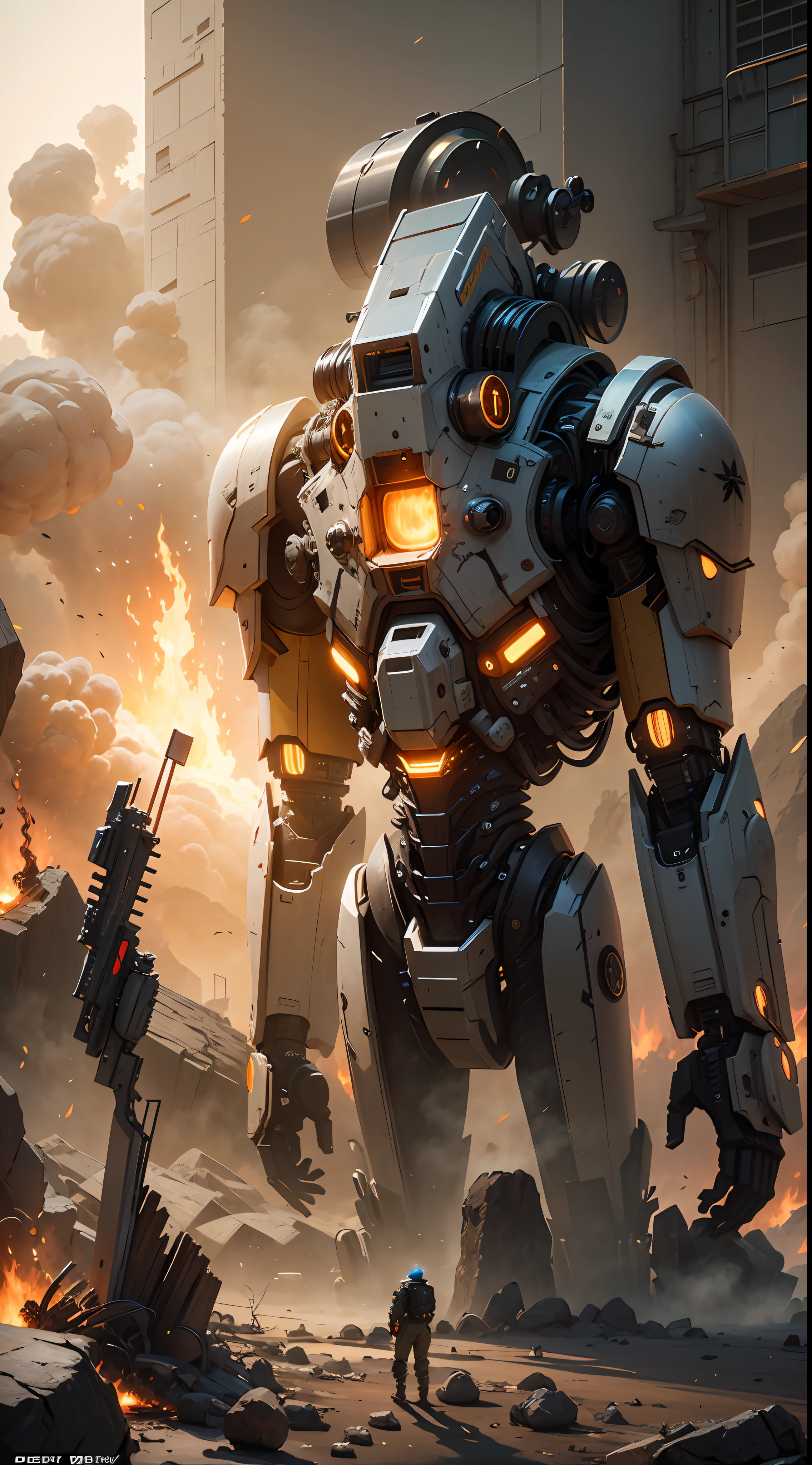 Science fiction,karo,back lit,There is a little boy standing next to a giant robot on the battlefield, Behind the robot is the fire of an explosion,Soldiers and mechs fight in the background, concept art octane render, wojtek fus, concept design art octane render, octane render cinematic, Epic. octane rendered, 3 d octane render conceptart, made in unreal engine 5, cinematic 4k octane render, greg rutkowski octane render, greg rutkowski. octane rendered,Outline lighting,(smog:1.6),(Tindal effect:1.3)