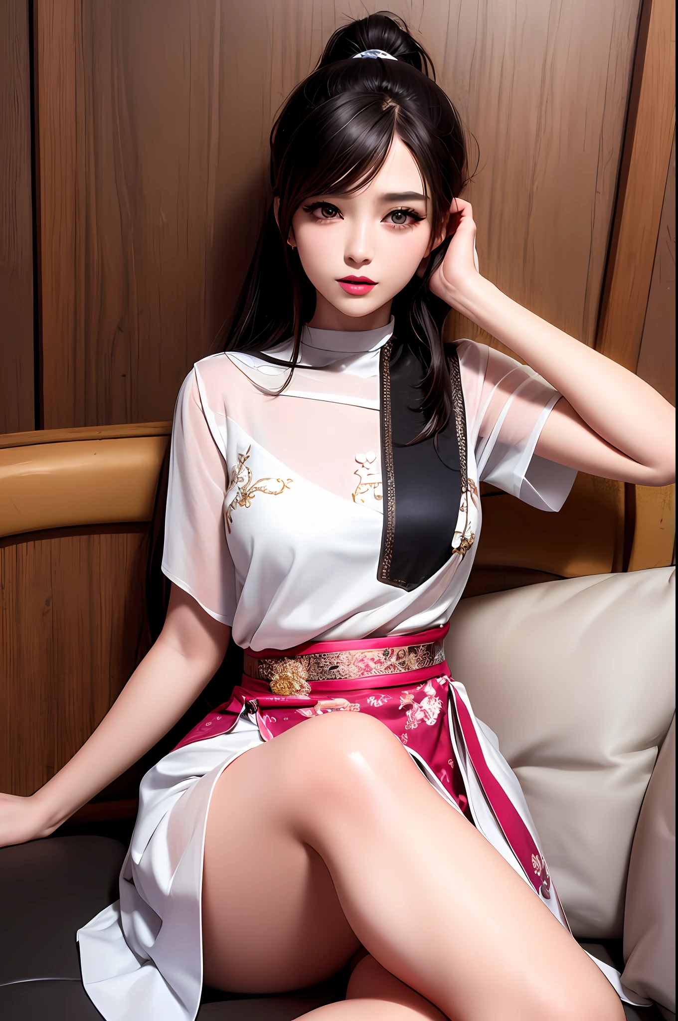Best quality details, realistic,8K UHD, High definition, hyperdetailed, High quality detailed texture, High quality shadow, Detailed beautiful delicate face, Detailed beautiful delicate eyes, Depth of field, Ray tracing, perspective, 20's, only one person,
indoors, ((chinese wooden couch)), ancient china background, china patterns,
Pretty Kpop girl group,
sitting, head tilt, leg up, legs together, perfect body, lean body, medium breasts, thin waist, wide hips, black eyes,
ponytail, hair stick, hairpin, very long straight hair, black hair, bangs,
light smile, lovely face, slender face, fair white skin, glowing eyes, glossy lips, bags_under_eyes, pale pink lip, beautiful eyes, eyelashes, Thin lips, (noble girl), eyeshadow, makeup, eyeliner,
shawl, hagoromo, hanfu, hair ornaments, detailed white clothe, see-through,