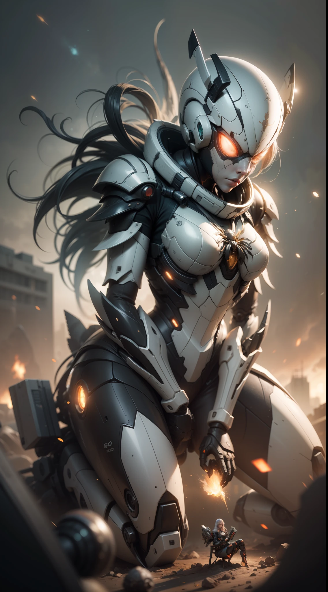 (((The girl sits on the shoulders of a huge spider mech))),((Girl close-up strengthened)),(((ultra fine))),Shoot at 8K resolution,Gasoline liquid,,Lithography in intricate details,dongh(Light particles:1.2),(game concept:1.3),(deep of field:1.3),Global illumination,well detailed,Trends on ArtStation,Epic shooting,Cinematic lighting