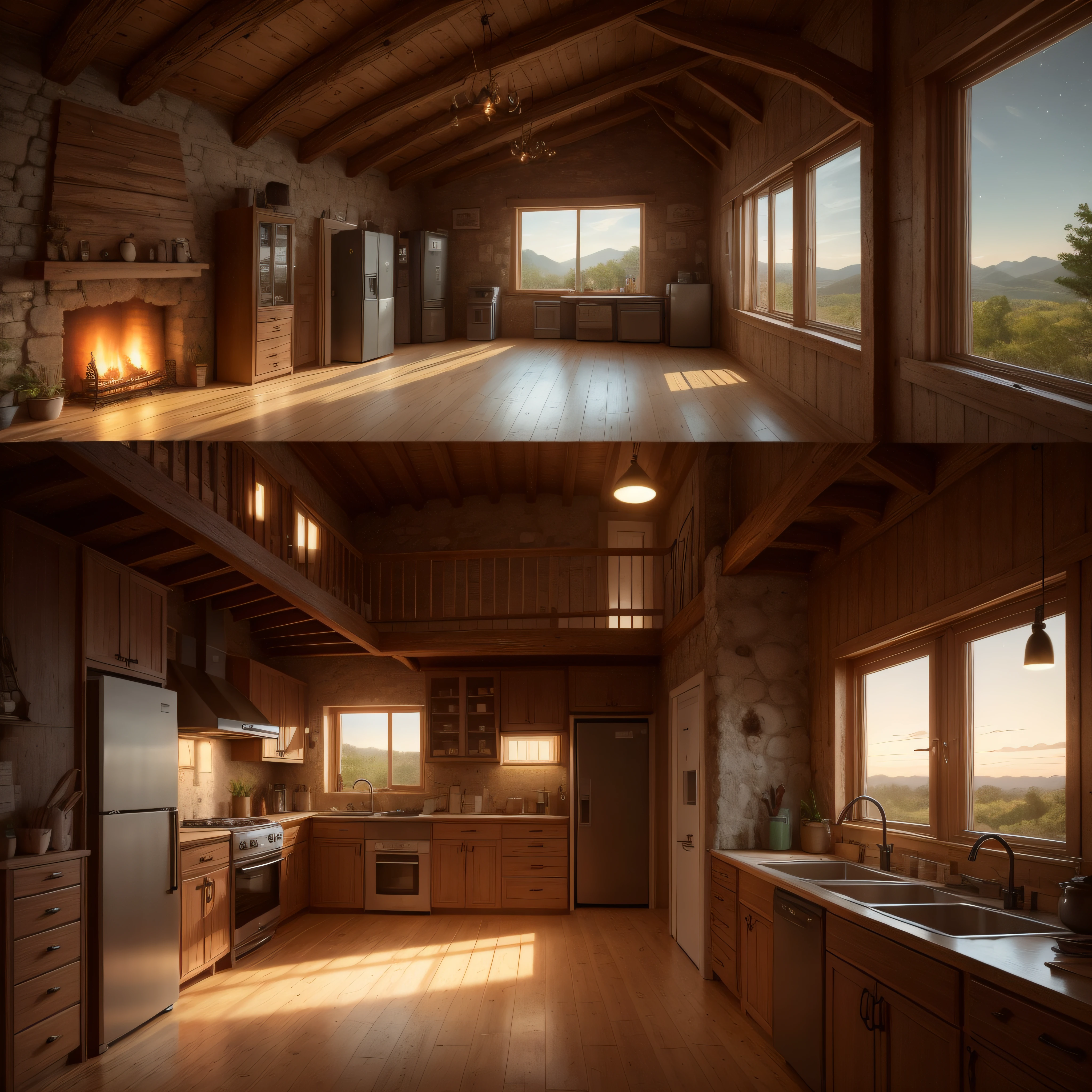 Interior of a rustic house (with lighting in warm tones) e uma janela com paisagem para florestas ao anoitecer --auto