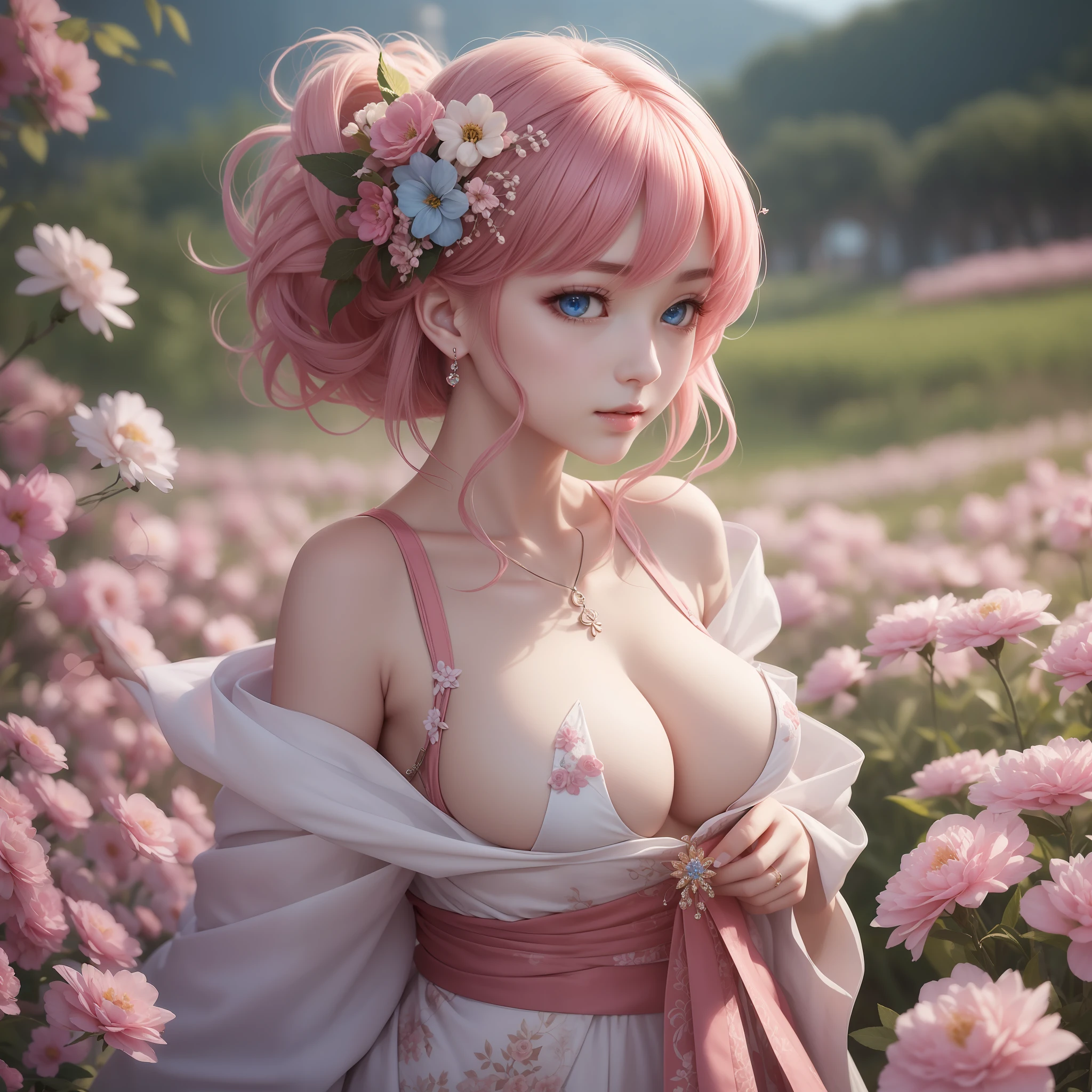 hiquality、Delicate and detailed face、Outstanding style、a large breast、miko、Vibrant colors、flowery field、Beautiful standing figure、Pink hair、Blue eyes