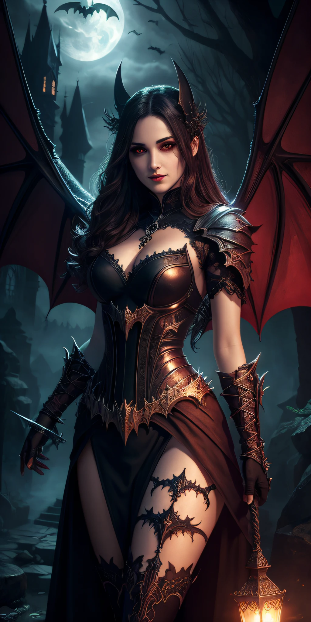 Fine, (Best Illustration), 8k Resolution, Intricate Details, Best Quality, Realistic, Ultra Detailed, Best Lighting, Best Shadows, Ultra HD, A Necromancer, Night, Magic, Dark Style, Vampire, Bat wings, red glowing eyes