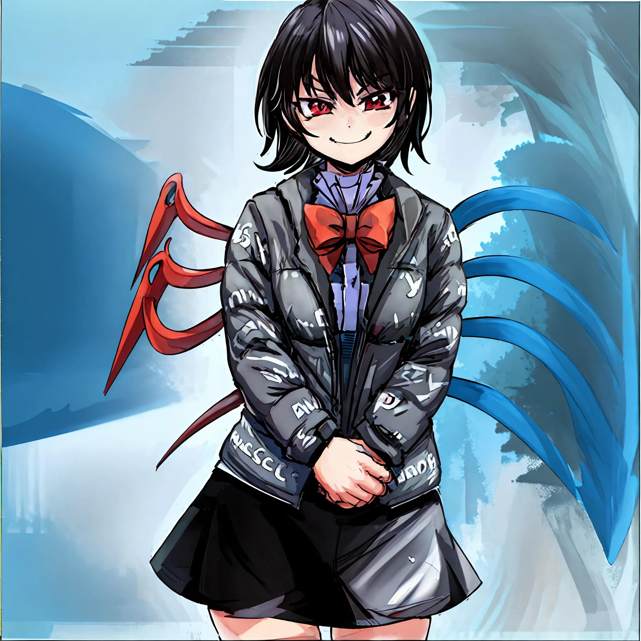 traditional media, face portrait, masterpiece, best quality, 1girl, solo, looking at viewer, smirk, houjuu nue, dripjacket
own hands together