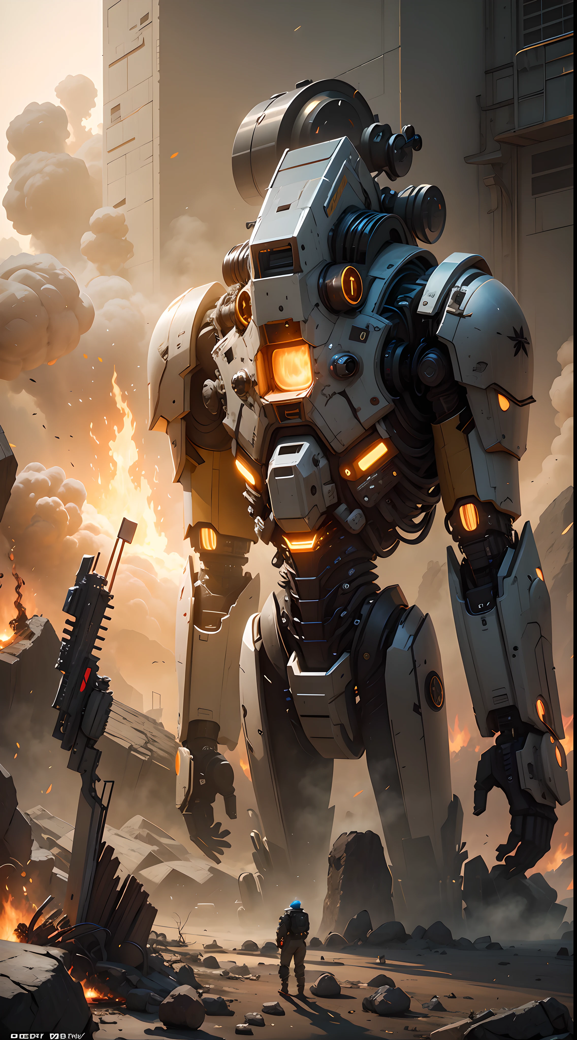 Science fiction,karo,back lit,There is a little boy standing next to a giant robot on the battlefield, Behind the robot is the fire of an explosion,Soldiers and mechs fight in the background, concept art octane render, wojtek fus, concept design art octane render, octane render cinematic, Epic. octane rendered, 3 d octane render conceptart, made in unreal engine 5, cinematic 4k octane render, greg rutkowski octane render, greg rutkowski. octane rendered,Outline lighting,(smog:1.6),(Tindal effect:1.3)