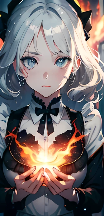 masterpiece, best quality, illustration, {beautiful detailed girl}, beautiful detailed glow, (flames of war: 1.2), (nuclear explosion behind: 1.3), rain, detailed lighting, detailed water, (beautiful detailed eyes: 1.1), featureless , palace, azure hair, messy hair, long bangs, hair between the eyes, (white and gray dress: 1.1), black ribbon, white bow ties, belly, big forehead, blank look, flower, long sleeves