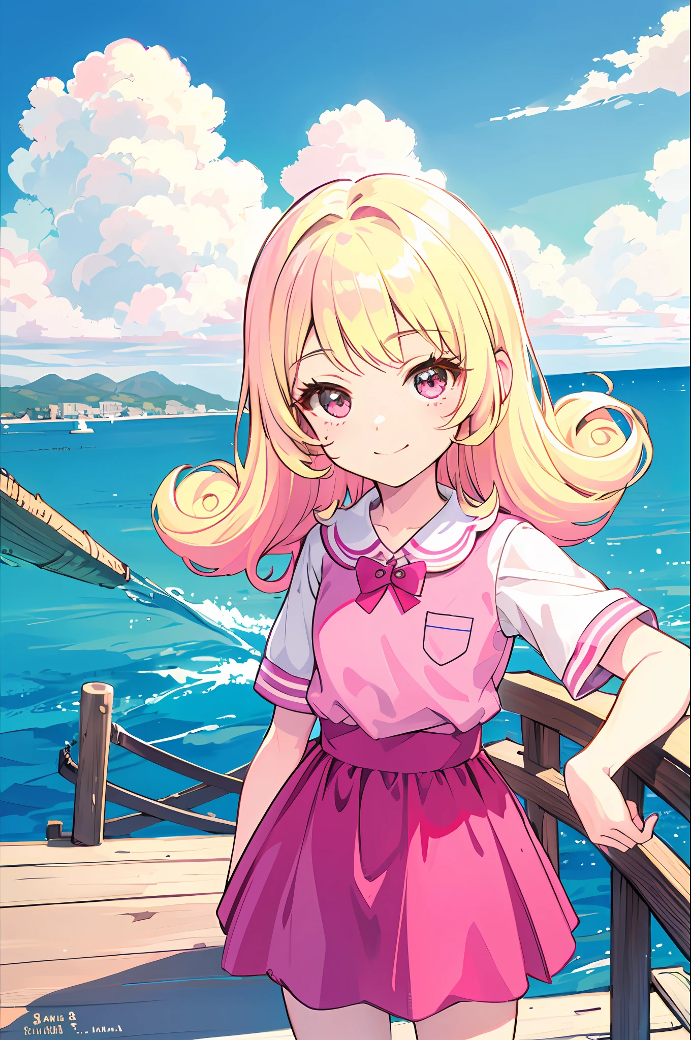 (best quality, 8K, masterpiece, ultra detailed:1.2), sea, day, dappled sunlight, blue sky, beautiful clouds, gradient sky, boat, skyline,1girl, child, solo, cowboy shot, looking at viewer, smile, pink ,  hinata yume, blonde hair, child, curly hair,