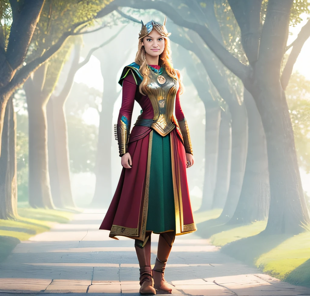 1girl,beautiful,detailed face,wonderful smile,nice eyes,lady thor,standing before a tree,intricate,luminous studio,4k
