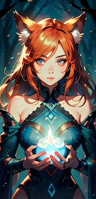 a ginger Ahri highly detailed, symmetric, luminism, dark shot, a dark night magical forest atmosphere, octane render, a fairy dust, a bioluminescence, a purity, detailed face, greg rutkowski, lois van baarle, alphonse mucha, night, maximalism, rococo, global illumination, luminism, detailed, intricate, fractal details, hyperdetailed, a cloths soaked in a brightly shining led stardust, warm colors, intricate details, volumetric, glaring eyes,
