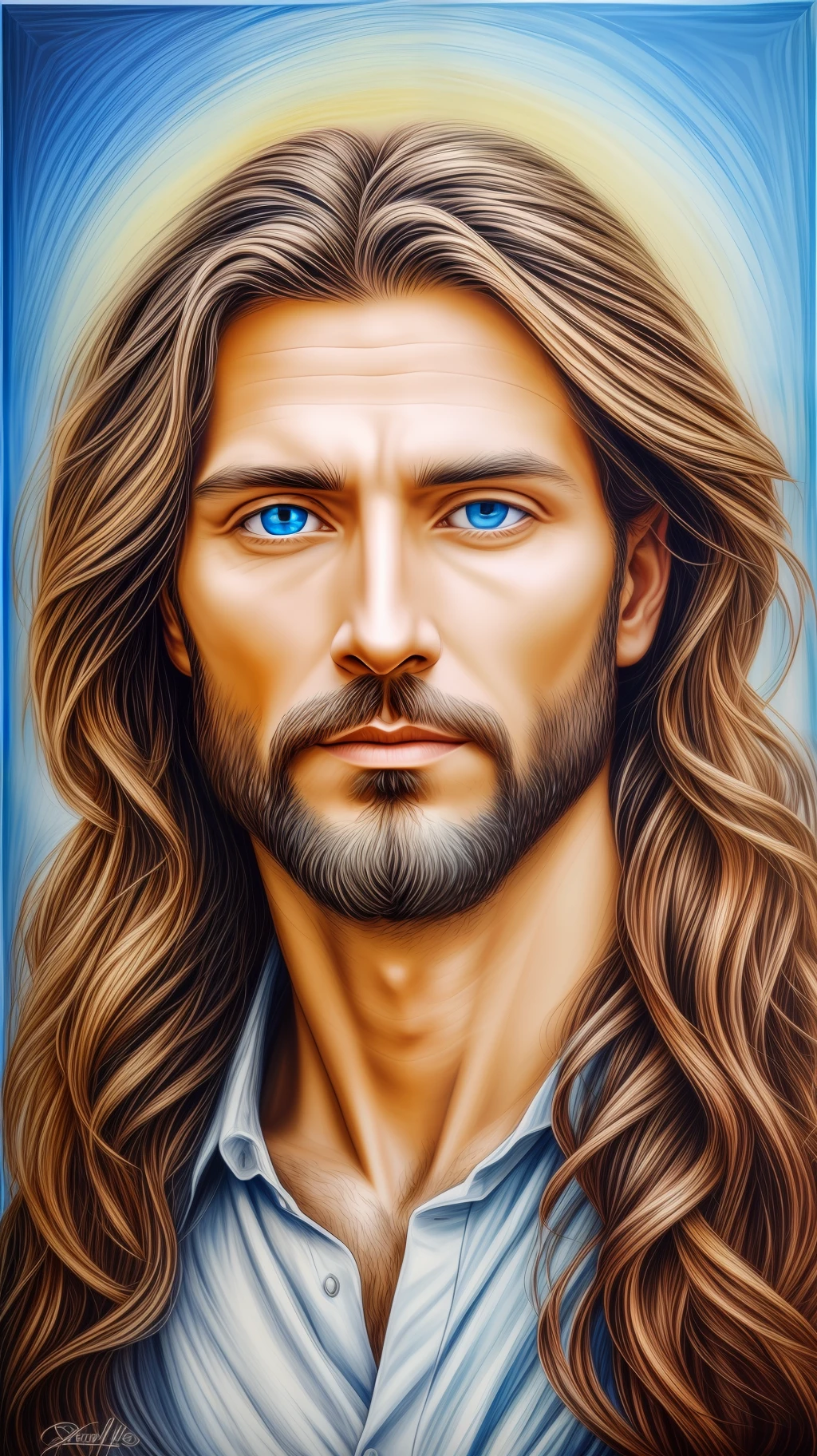 Portrait of a handsome man, Jesus Christ, real blue eyes, sunny day, intricate details.