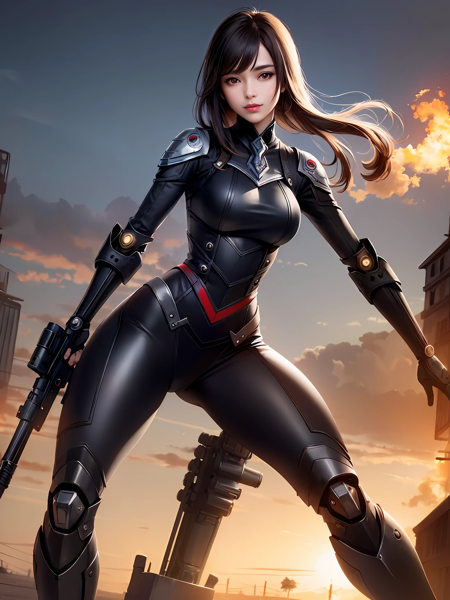 masterpiece,best quality,ultra detailed,anime illustration,steam punk mechanical girl aiming gun to viewer,mechanical arms,mechanical legs,dynamic angle,cinematic lighting,