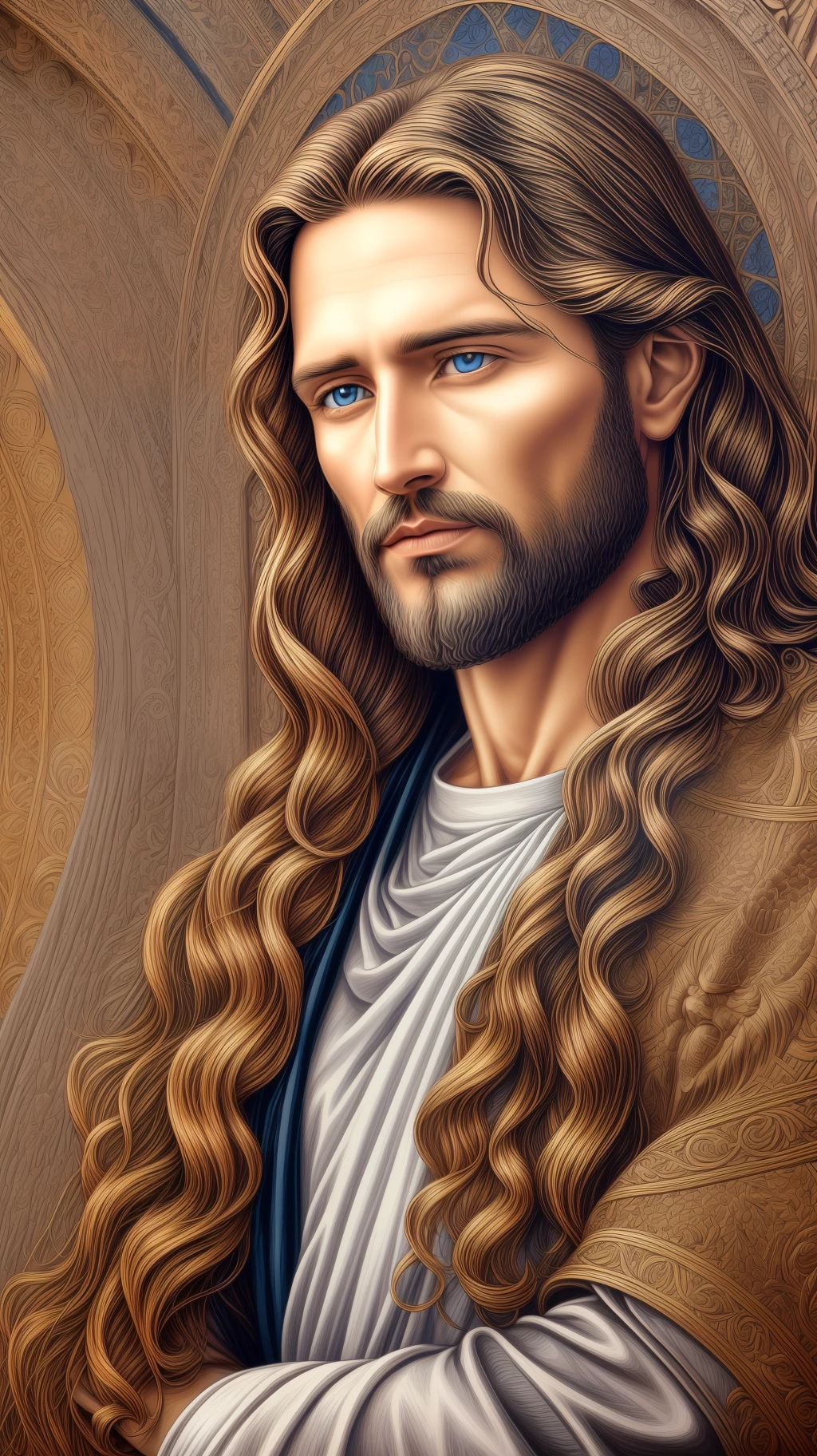 Portrait of a handsome man, Jesus Christ, real blue eyes, sunny day, intricate details.