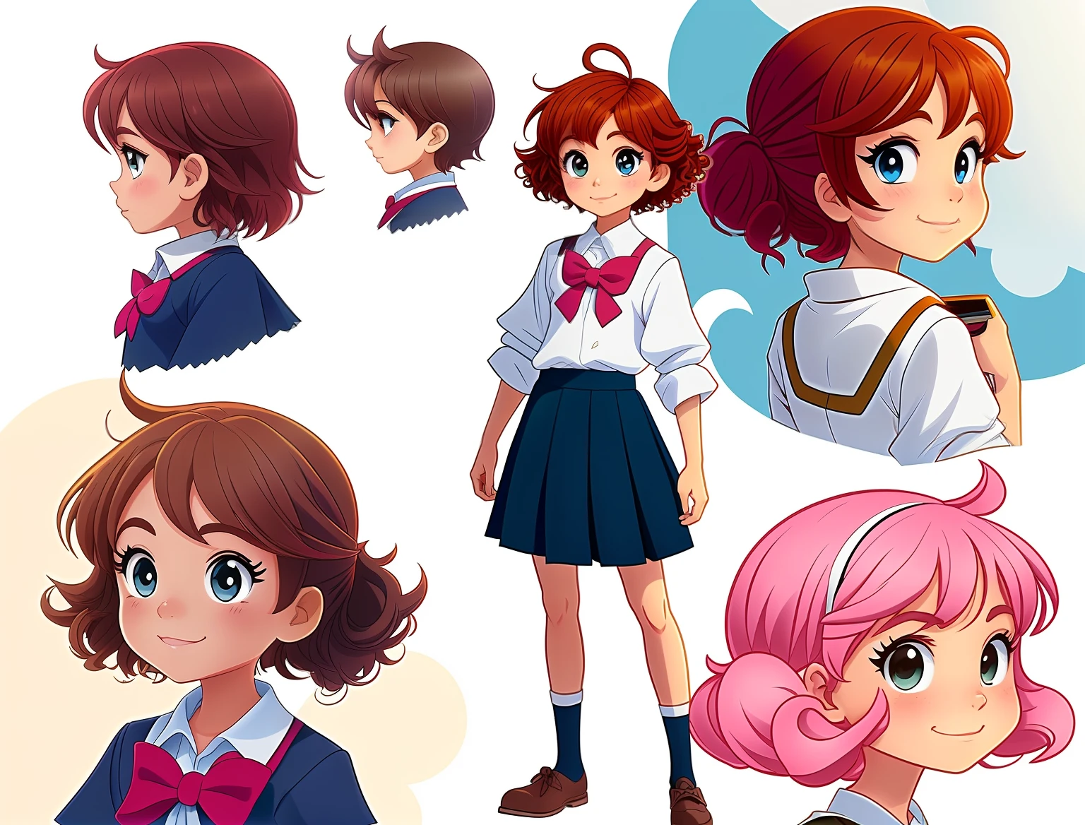 9 anos estilo cartoon bem infantil. kidny. personagem para capa de ebook infantil. Curly and red hair up to the shoulder. Bow on pink head. Olhos castanhos e grandes. pele branca. mesmo personagem. wearing dark blue skirt and white blouse as high school uniform. Meia branca e sapato preto, estilo cartoon. various poses, same character deta reference --auto --s2