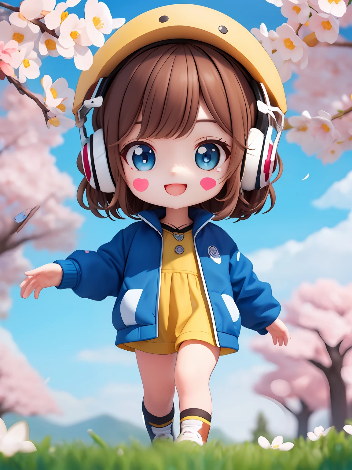 (masterpiece), (best quality), (ultra-detailed), (full body: 1.2), 1girl, chibi, cute, smile, open mouth, flower, outdoor, jacket, blush, tree, : 3, shirt, short hair, cherry blossoms, green headwear, blurry, brown hair, blus stickers, long sleeves, bangs, headphones, brown hair, pink flower, (beautiful detailed face), (beautiful blue and detailed eyes),