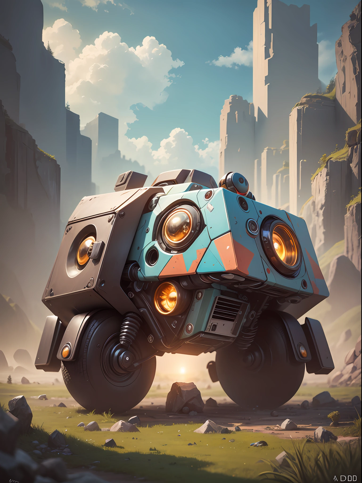 realista, Genuine, Beautiful and amazing little cube-shaped robot, oild painting, 8k, Ultra resolution, alta qualidade, com detalhes.
