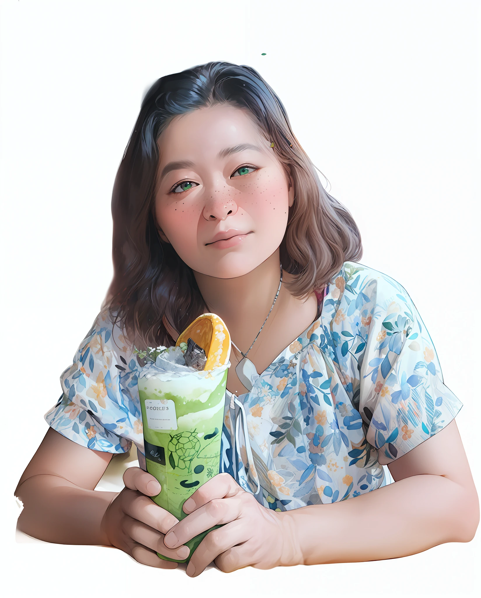 (watercolor:1.2),1girl, solo, flower, sunflower,freckles, portrait, leaf, bangs, signature, yellow flower, brown hair, long hair, green eyes, hair between eyes, flower earrings