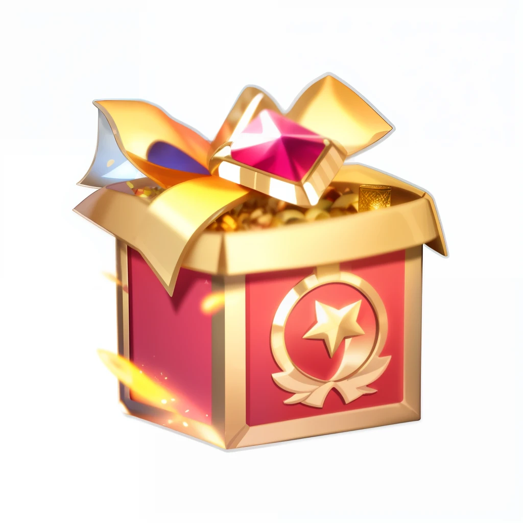 there is a gold and red gift box with a bow, loot box, item art, 3 d icon for mobile game, magic item, game icon asset, treasure artifact, Unknown, gifts, ability image, chest, fanbox, little chest, front of the treasure box, epic legends game icon, fantasy game spell icon, treasure box, rpg item（The Masterpiece， premier quality， best qualityt， officlal art， Beautiful beauty ：1.2）， （8k， best qualityt， The Masterpiece ：1.2）， （（（white background，））） （goods/Baoxiang）， fantastical， Open the treasure box， ）， halloween， blue tinted，