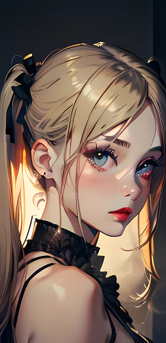 (8k, 4k, best quality, highres, ultra high res:1.1), (masterpiece, realistic, photo-realistic:1.1), 1girl,  face, close-up, twintails, blonde hair, black eyes, red lips,  (looking at viewer:2), absurdly long hair, long eyelashes, eyeshadow,  small face, big eyes,
bare shoulders,
high contrast,