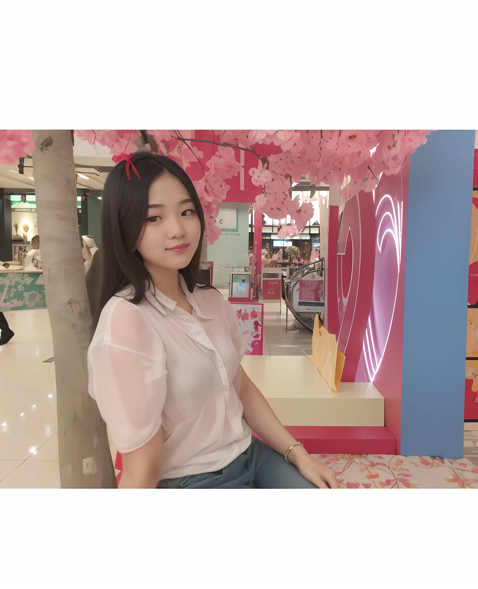 there is a woman sitting on a bench in a mall, xintong chen, ulzzang, 1 8 yo, instagram, xision wu, dang my linh, very very low quality, postprocessed), 8k)), joy ang, taken with canon 8 0 d, wenfei ye, pink girl, sha xi, sakimichan