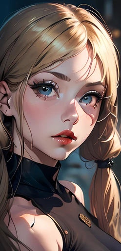 (8k, 4k, best quality, highres, ultra high res:1.1), (masterpiece, realistic, photo-realistic:1.1), 1girl,  face, close-up, twintails, blonde hair, black eyes, red lips,  (looking at viewer:2), absurdly long hair, long eyelashes, eyeshadow,  small face, big eyes,
bare shoulders,
high contrast,