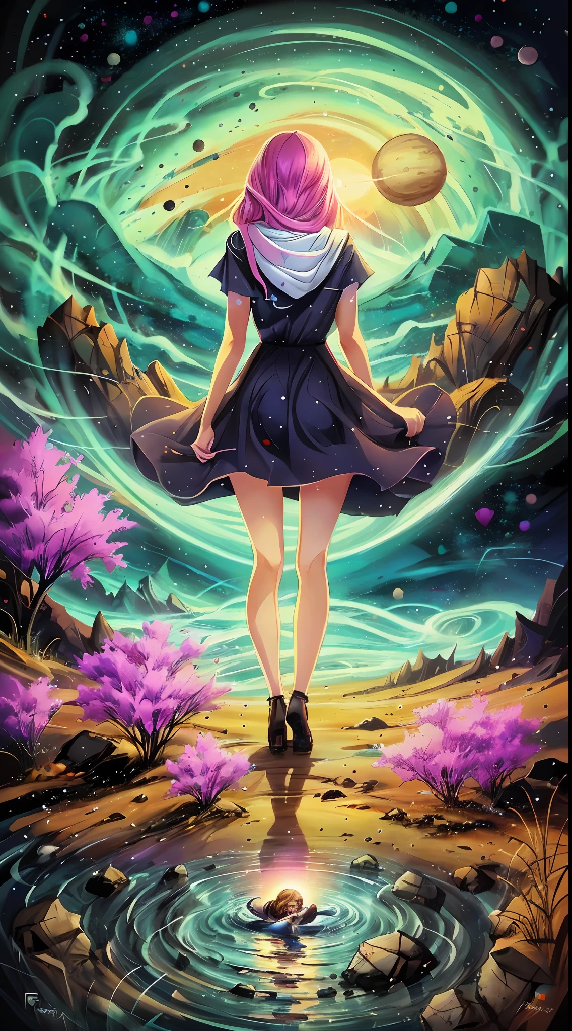 Angel Girl, Love, heart, standing in front of a space portal overlooking the pink sun, Cyril Rolando and Goro Fujita, A portal to another universe, inspired by Cyril Rolando, Portal to another dimension, world, visible only through the portal, high quality fantasy stock photo, Portal to another world, Portal to outer space, in the style of Cyril Rolando,  Looking into space, universe, Magical Galactic Portal, The Cycle of the Stars, God, River, mountain, top