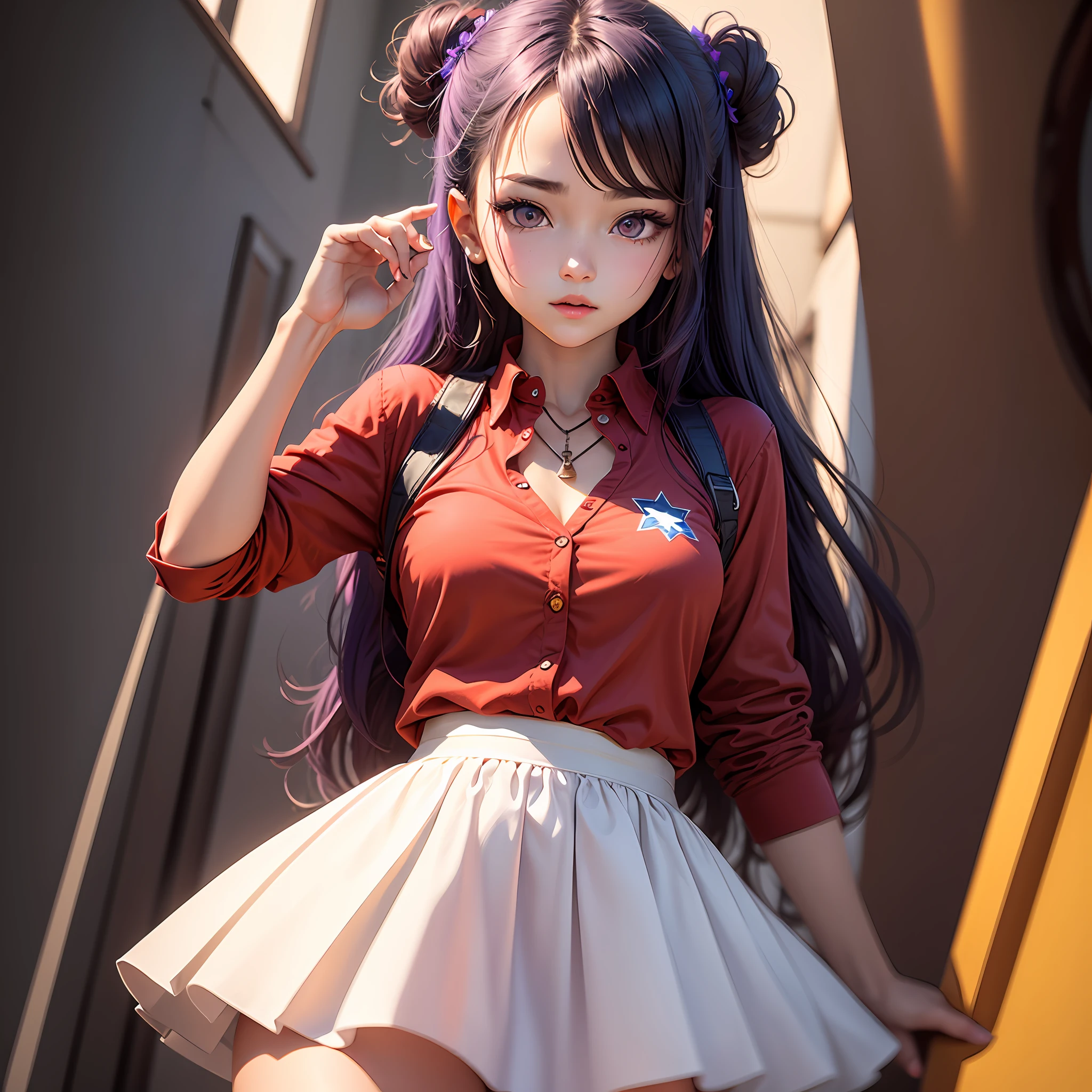 1girl, purple eyes, red shirt, single yellow star in chest, white skirt