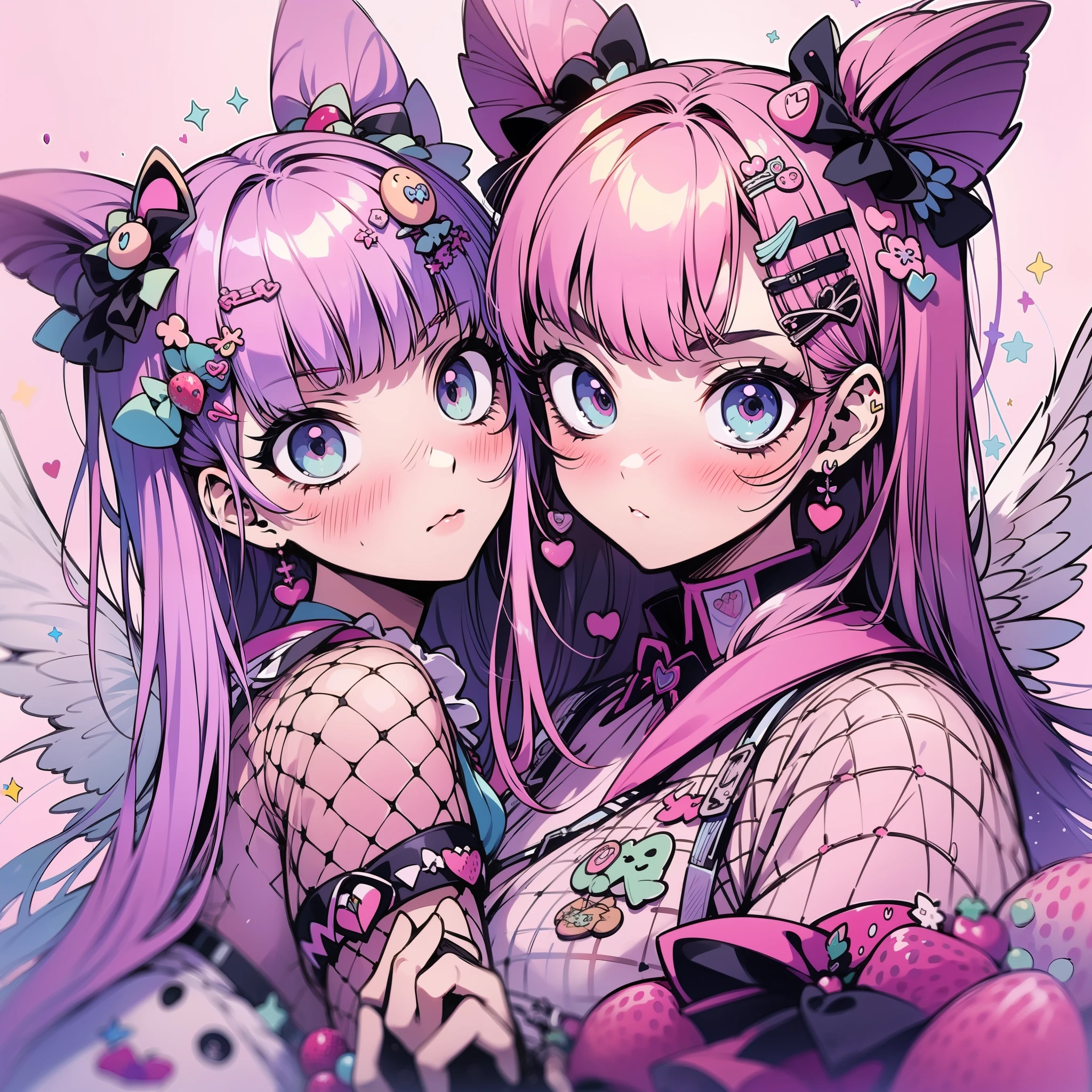 2girls, one in cute pink and white clothes, the other girl in gothic black and purple clothes, decora accesories, many hairclips, fishnet gloves, simple background with pattern, strawberries and cherries are part of the theme, cute perfect face, big eyes, serious expressions, one has devil horns and tail the other girl has angel halo and wings