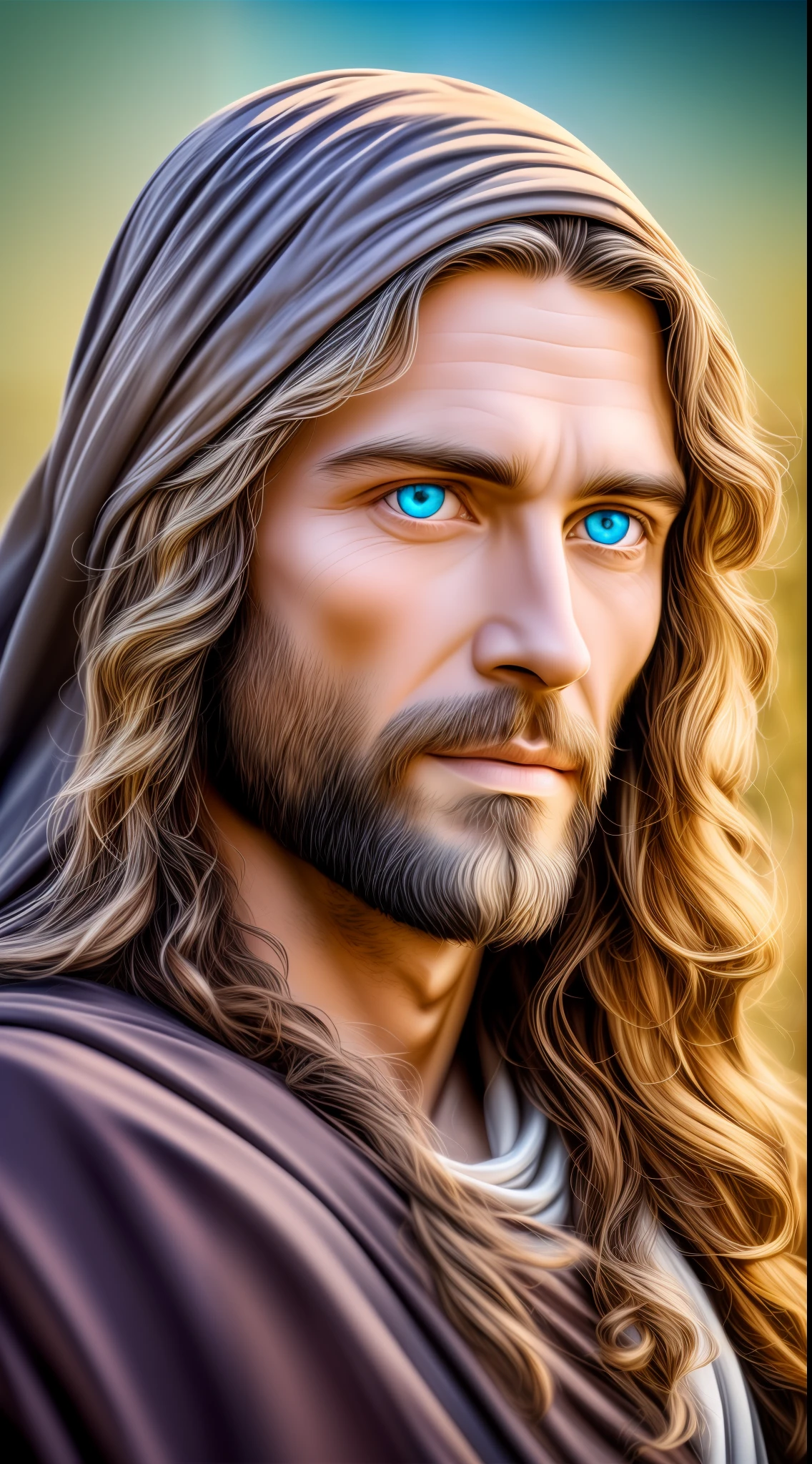 4K, 8K Portrait of a handsome Jesus , Jesus Christ, real blue eyes, sunny day, intricate details.
