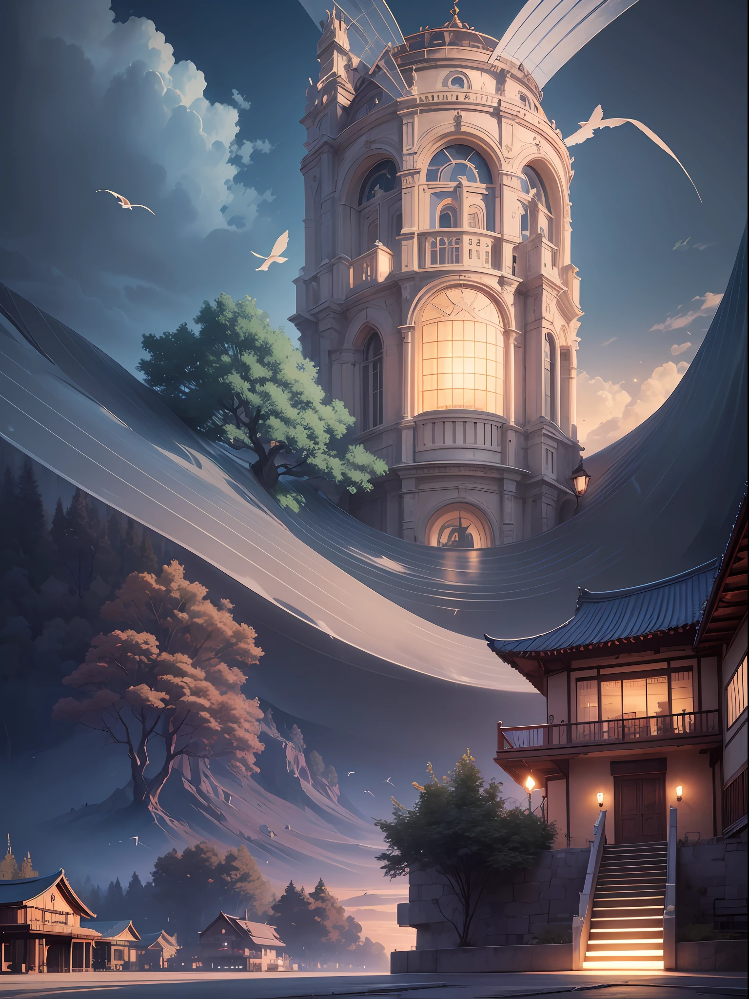 arquitetura, east east Asian architecture, scenary, lanterna, ao ar livre, heaven, lanterna de papel, nuvem, birds, Construction, tree, in standing, montanha, ponte, segurando, multiple girls, dia, obra-prima, melhor qualidade, Estilo anime, 8k, Highresolution, alta qualidade.