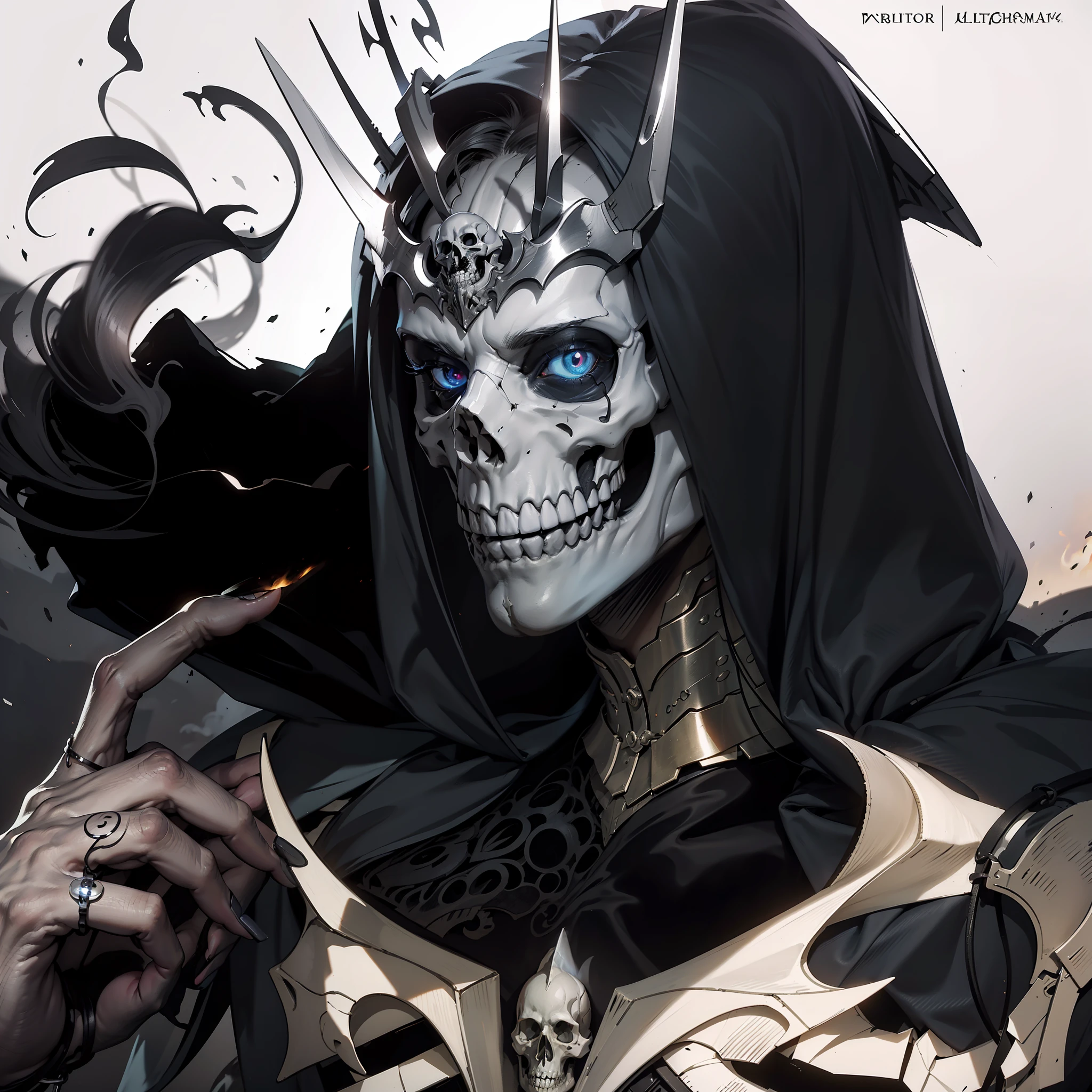 (very detailed wallpaper 8k), man, mid-shot terrifying necromancer, skull, burning eyes, ominous shadows, green smoke, intricate, high detail, dramatic