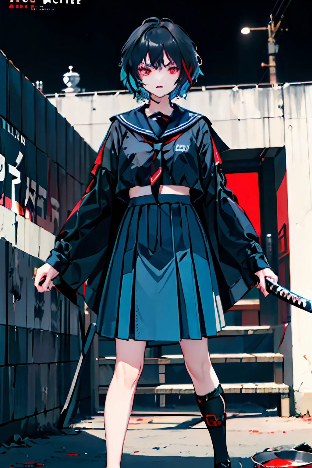 ((((dramatic))), (((gritty))), (((intense))) 1girl, schoolgirl, 10 years age, seriuos face and attitude, almost angry, (oversized coat) ((((bowlcut hair)))) ((((very short hair)))) (((shortest hair))) (black jet hair) (((hair barely covers ears and backhead))) sailor costume, (((blue dark sailor costume))) (((knee below skirt))), (((long skirt))) ((((slender)))) red costume details, (((tigth sleeves))) (holding a katana) action stand (((red eyes))) ((black necktie)) (nigth neon city) The background is dark and gritty, with a sense of danger and intensity. The color palette is mainly dark with splashes of vibrant colors, giving the poster a dynamic and visually striking appearance, outfit, posing, front, colorful, dynamic, background, elements, confident, expression, holding, statement, accessory, majestic, coiled, around, touch, scene, attention-grabbing, title, stylish, modern, trendy, focus, fashion,