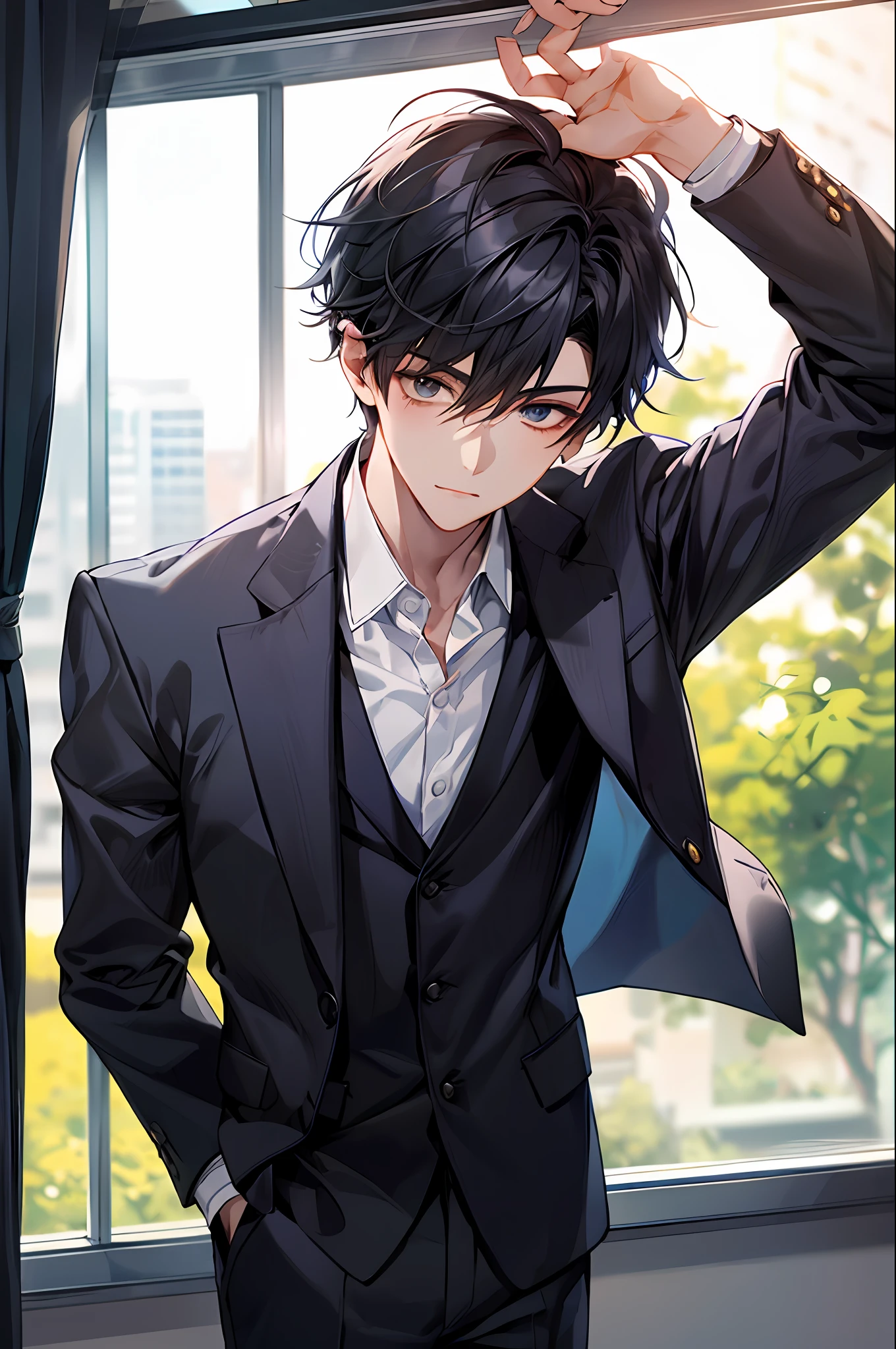 Xu Ran:1boy,Face focus,adult,Business suit,jacket,white shitrt,tiese,trouser,best qulaity,employee,detailed face,office room,The building outside the window,Detailed background,Diffused sunlight,deep of field,Background bokeh
