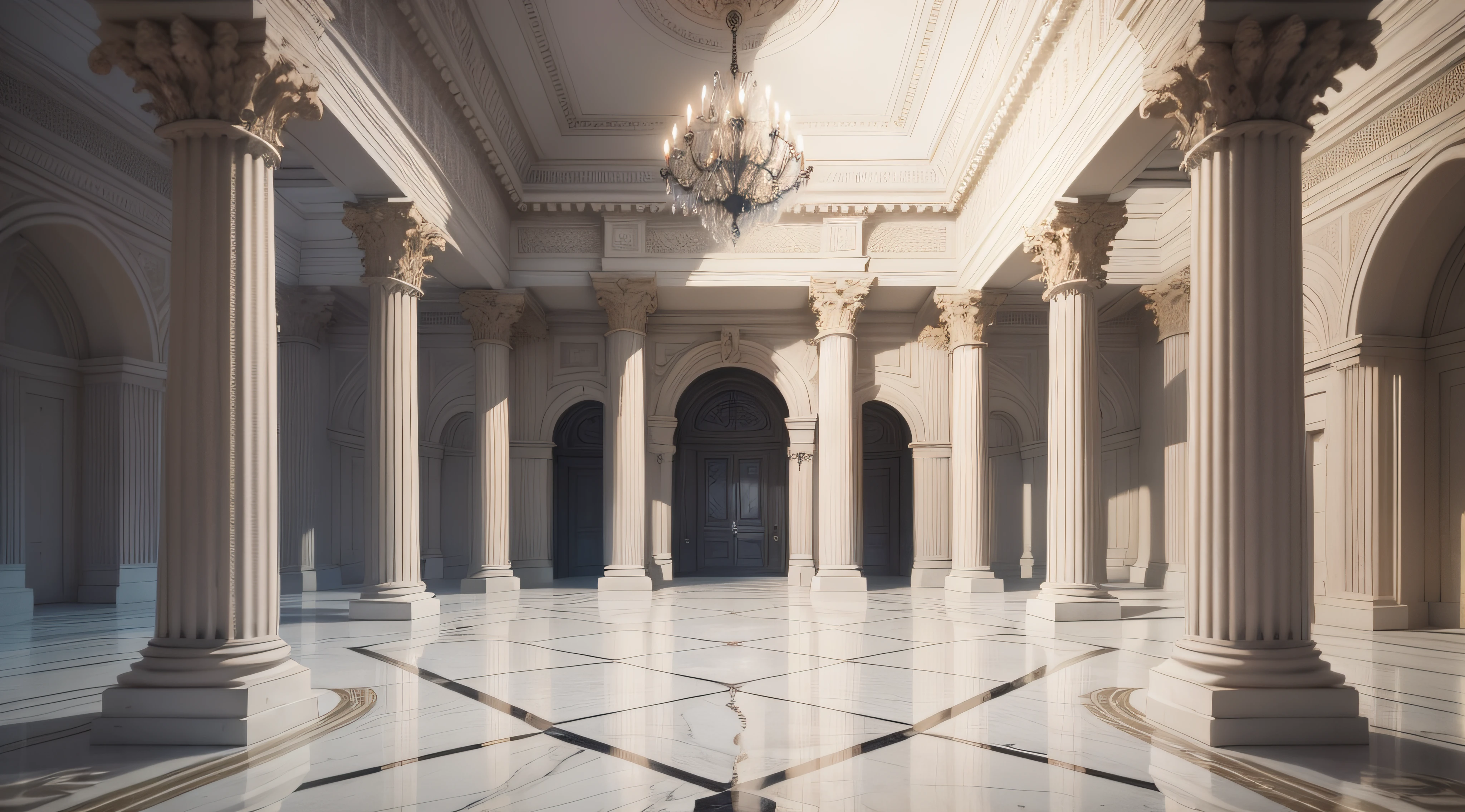Main room of a palace made of white marble, reflexos reluzentes, ultra realista, ultra qualidade, 8k, fujji film, 20mp, detalhes perfeitos, obra prima