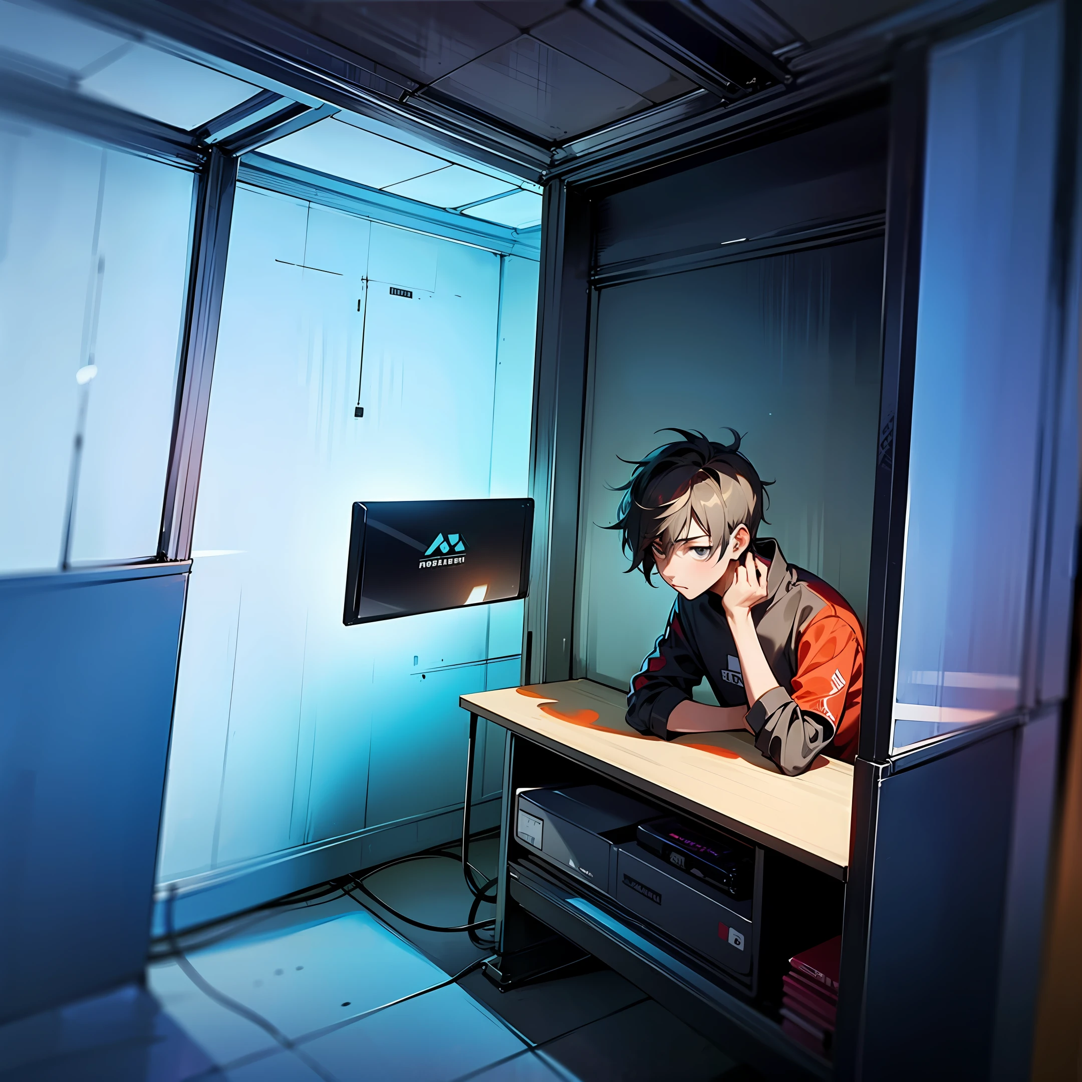 Lonely gamer boy in his all-tech room, 2d