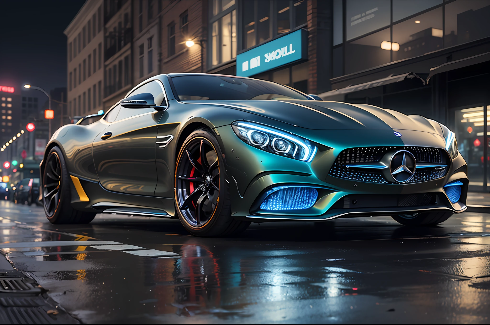 hyperrealistic , Highly detailed, Futuristic Mercedes concept car, Aggressive design, Advanced Body Construction Technology, Low landing, Chameleon color, With azure illumination of the bottom, On the damp street of the metropolis, night time, Background Business Center, Reflection of multi-colored advertising lights on the car, rassejanjy world, The Masterpiece, Full-screen focus, Cinematic, .raw, SVG anti-aliasing, 8K, Figure,