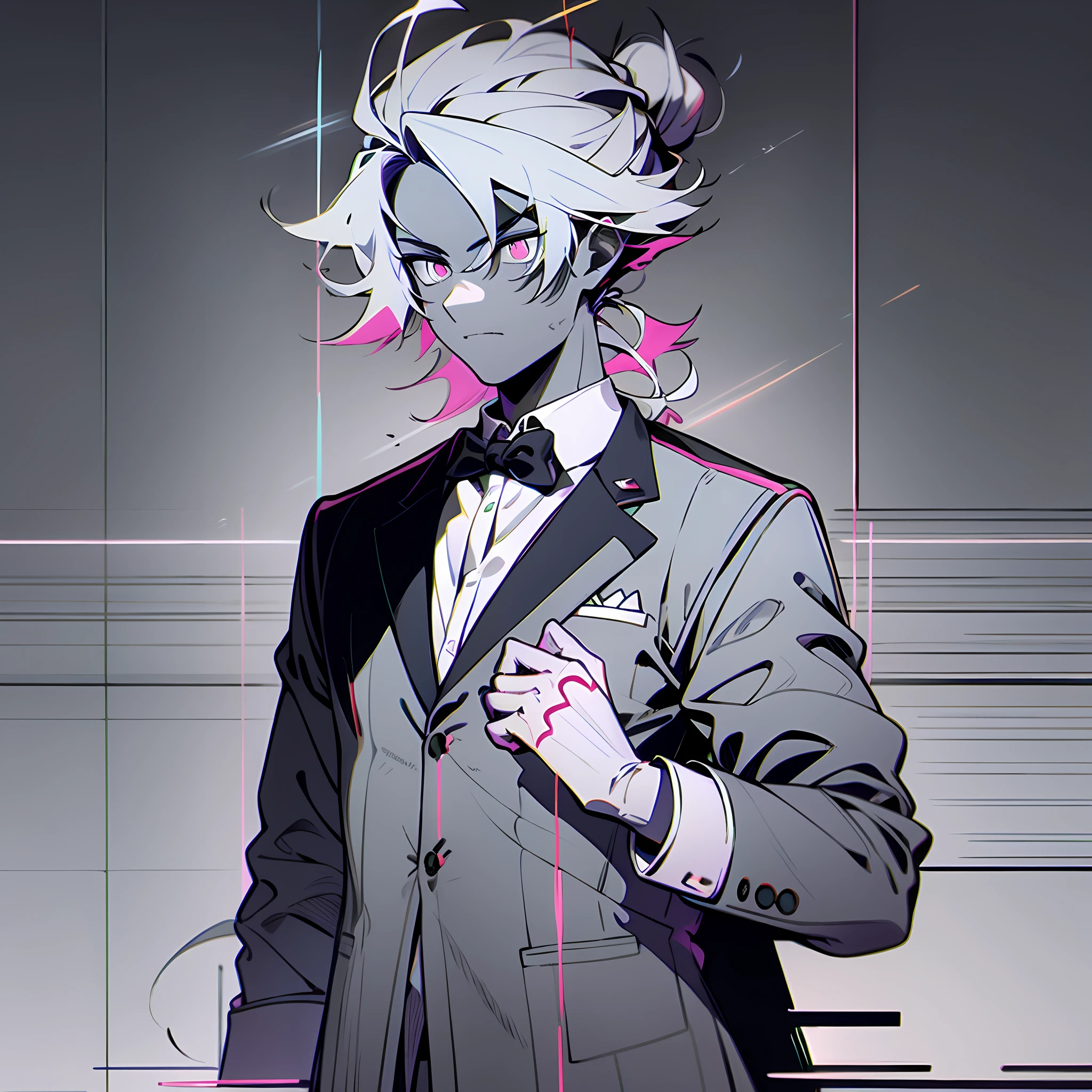 White hair,1boy, wearing a suit and tie,messy long man bun hairstyle, Surrealism, Conceptual art, anime style, drop shadow, image fill, motion lines, multiple monochrome, 8k, super detail, UHD, masterpiece, retina, ccurate, anatomically correct, high quality, award winning, best quality, 1080P, HD, 4K