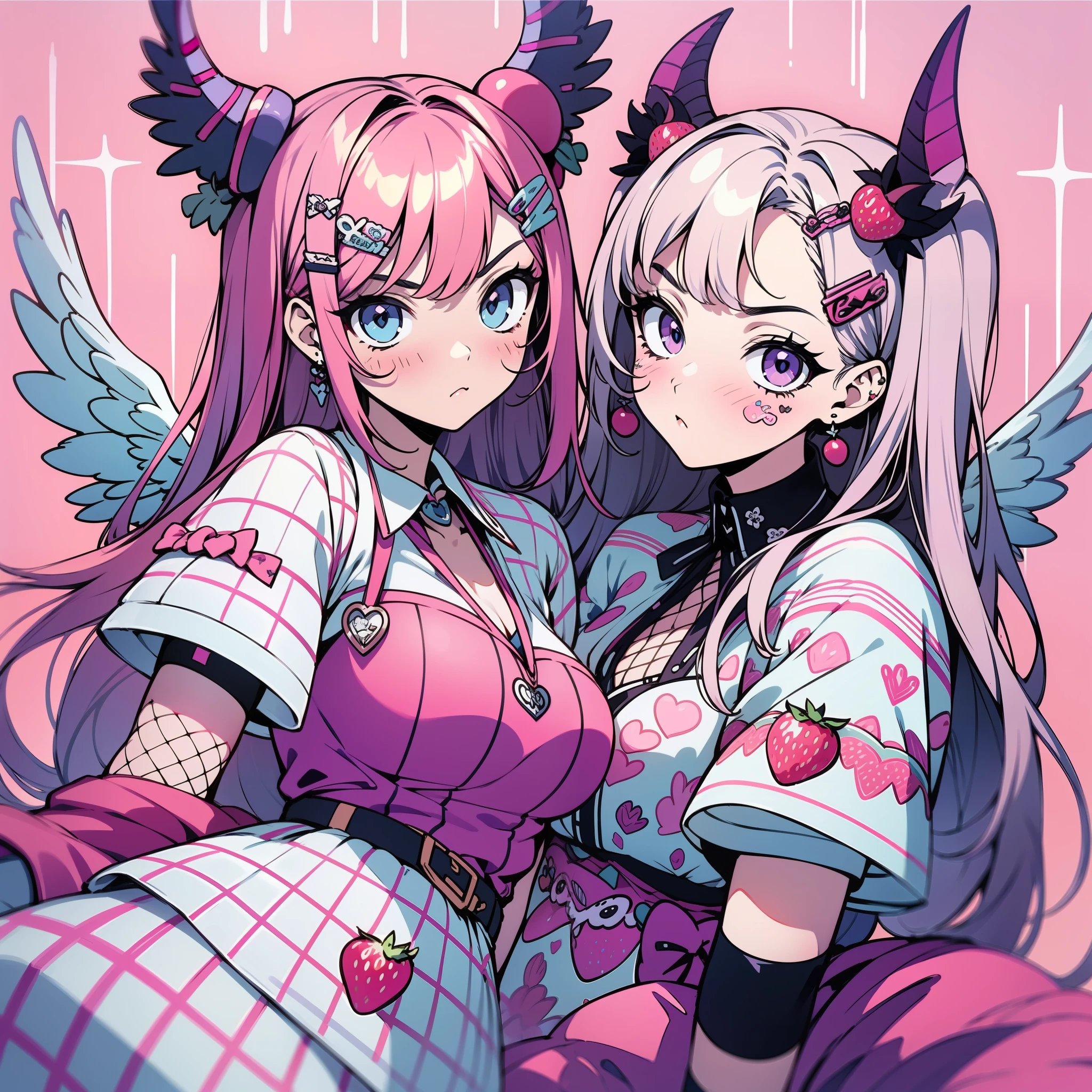2girls, one in cute pink and white clothes, the other girl in gothic black and purple clothes, decora accesories, many hairclips, fishnet gloves, simple background with pattern, strawberries and cherries are part of the theme, cute perfect face, big eyes, serious expressions, one has devil horns and tail the other girl has angel halo and wings