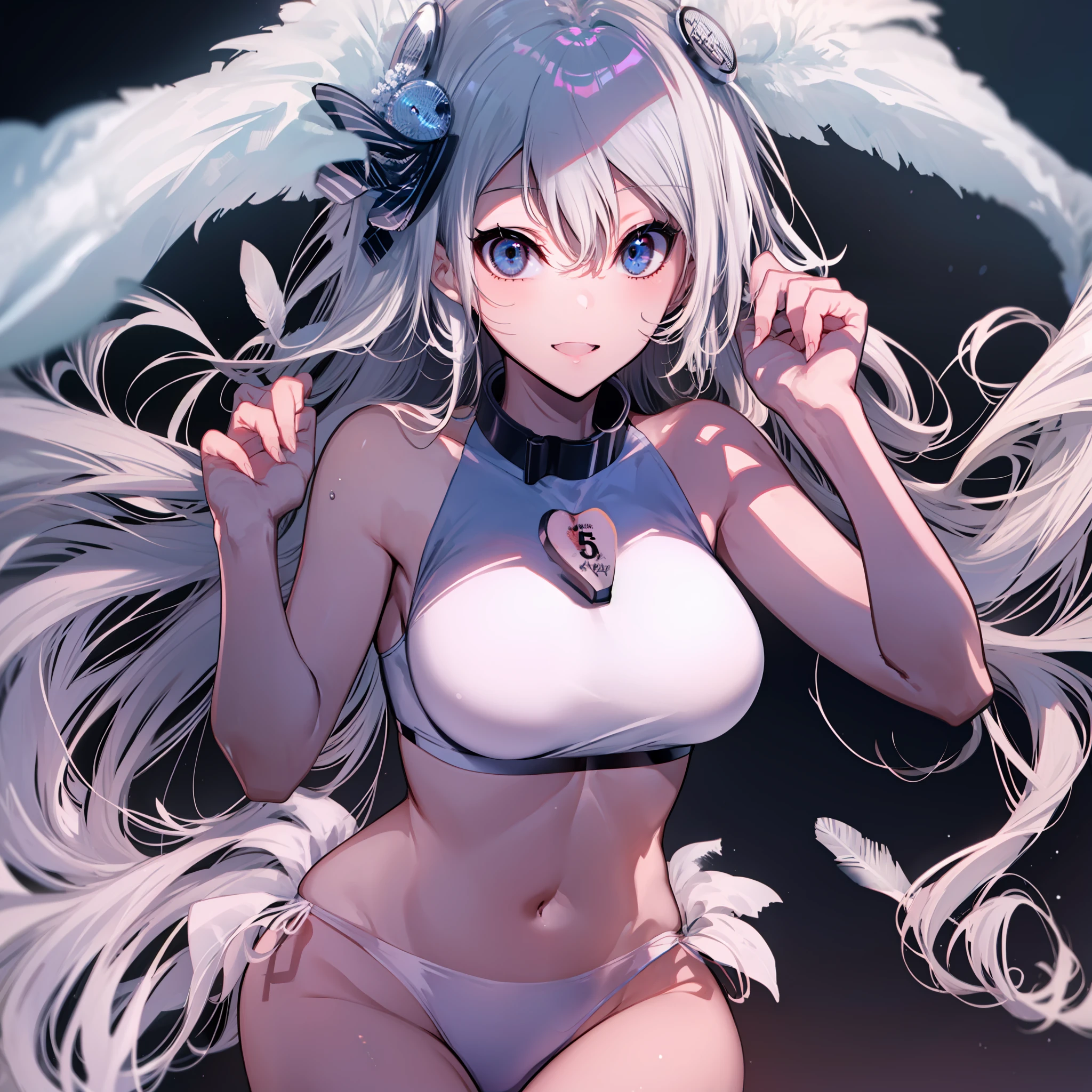 ((obra-prima)), ((melhor qualidade)), highres, (kei1), (1girl), (solo), (olhos azuis), (cabelo longo), (adolescente de 15 anos), (wears a white cockatoo costume with feathers and is at a Brazilian carnival) , (fita), (franja), (collar bone), (cabelo grisalho), (faixa de cabelo preta), (neck ribbon), (cabelo entre os olhos), (middle breasts), (tiro de cowboy), (sorriso), (corpo inteiro completo detalhado), (She's on a sports court), (corpo anatomicamente correto sem erros), (escenario completo detalhado), ((Detailed full arms and hands))