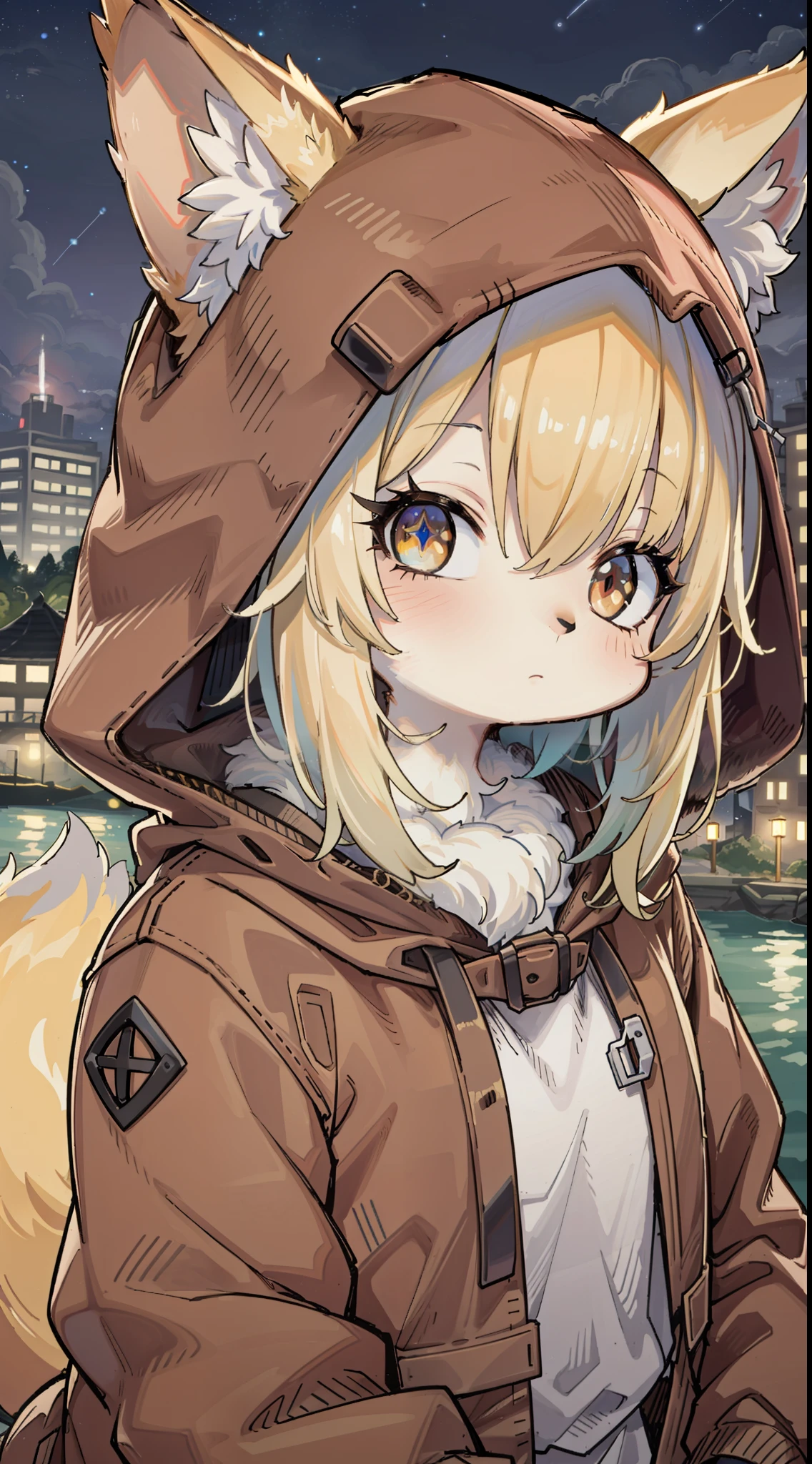 Fox Boy,was hairy,shaggy,Smoothes lashes,Skin fur,Golden fur,Forelimb hands,Golden ears,Golden face fur , Short blonde hair,Red eyes,Super cute face,Brown elements on fur,Brown hooded jacket brown hood up,Ambient light,Ultra-fine fur,volumettic light,Night,natural day light,Fluffy tail,nevando,Night,starry skies,seawall,crossed bangs, hair strand, Shiny hair,gloom (expression),Empty eyes,Sleepy,dark circles,35mm,sharp talons。High quality, high detailled, Best quality, Ultra HDR