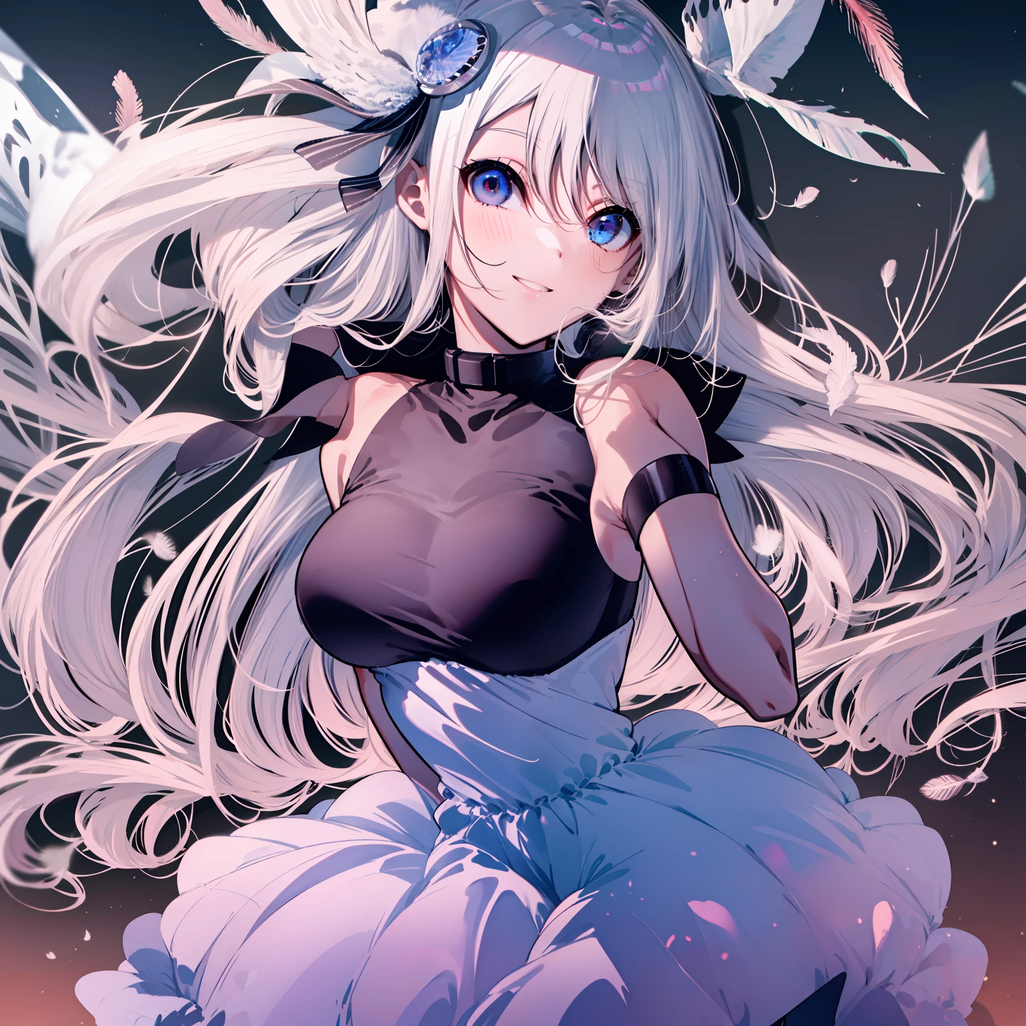 ((obra-prima)), ((melhor qualidade)), highres, (kei1), (1girl), (solo), (olhos azuis), (cabelo longo), (adolescente de 15 anos), (wears a white cockatoo costume with feathers and is at a Brazilian carnival) , (fita), (franja), (collar bone), (cabelo grisalho), (faixa de cabelo preta), (neck ribbon), (cabelo entre os olhos), (middle breasts), (tiro de cowboy), (sorriso), (corpo inteiro completo detalhado), (She's on a sports court), (corpo anatomicamente correto sem erros), (escenario completo detalhado), ((Detailed full arms and hands))