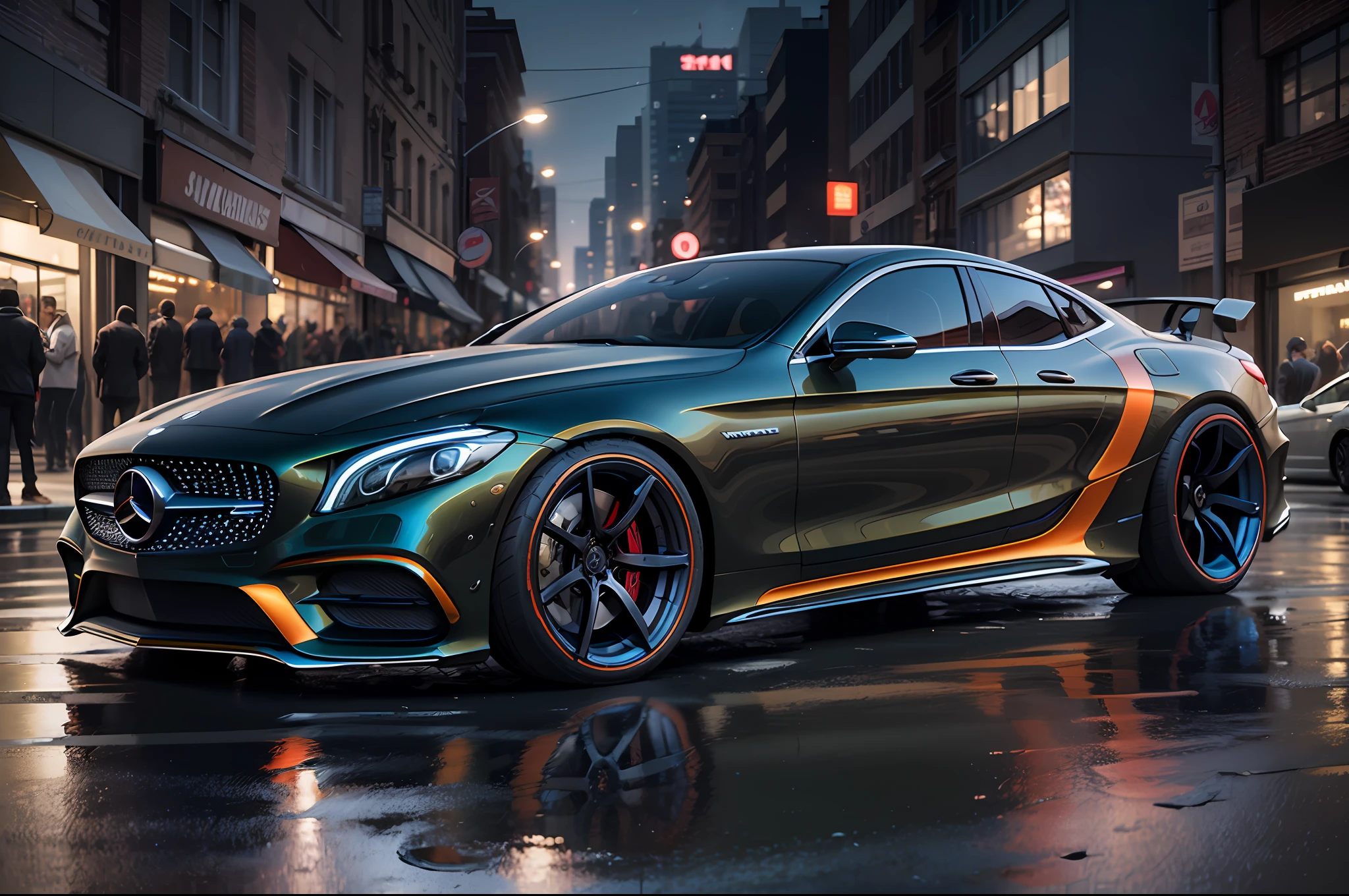 hyperrealistic , Highly detailed, Futuristic Mercedes concept car, Aggressive design, Advanced Body Construction Technology, Low landing, Chameleon color, With azure illumination of the bottom, On the damp street of the metropolis, night time, Background Business Center, Reflection of multi-colored advertising lights on the car, rassejanjy world, The Masterpiece, Full-screen focus, Cinematic, .raw, SVG anti-aliasing, 8K, Figure,