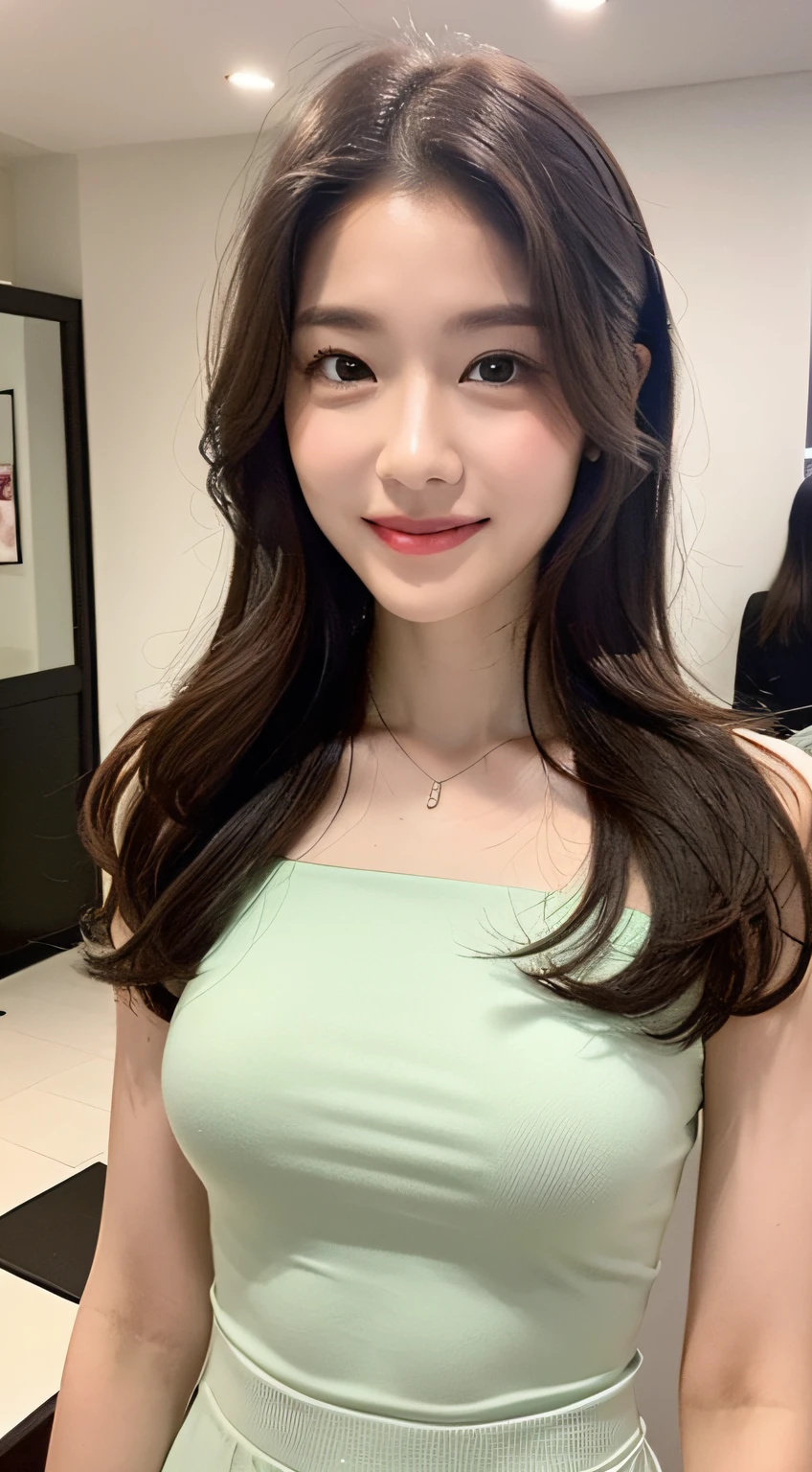 ((Best Quality, 8K, Masterpiece: 1.3)), 1 Girl, Slim Abs Beauty: 1.3, (Casual Hairstyle, Big: 1.0), Dress: 1.1, Ultra Slender Face, Delicate Eyes, Double Eyelids, Home, Smile