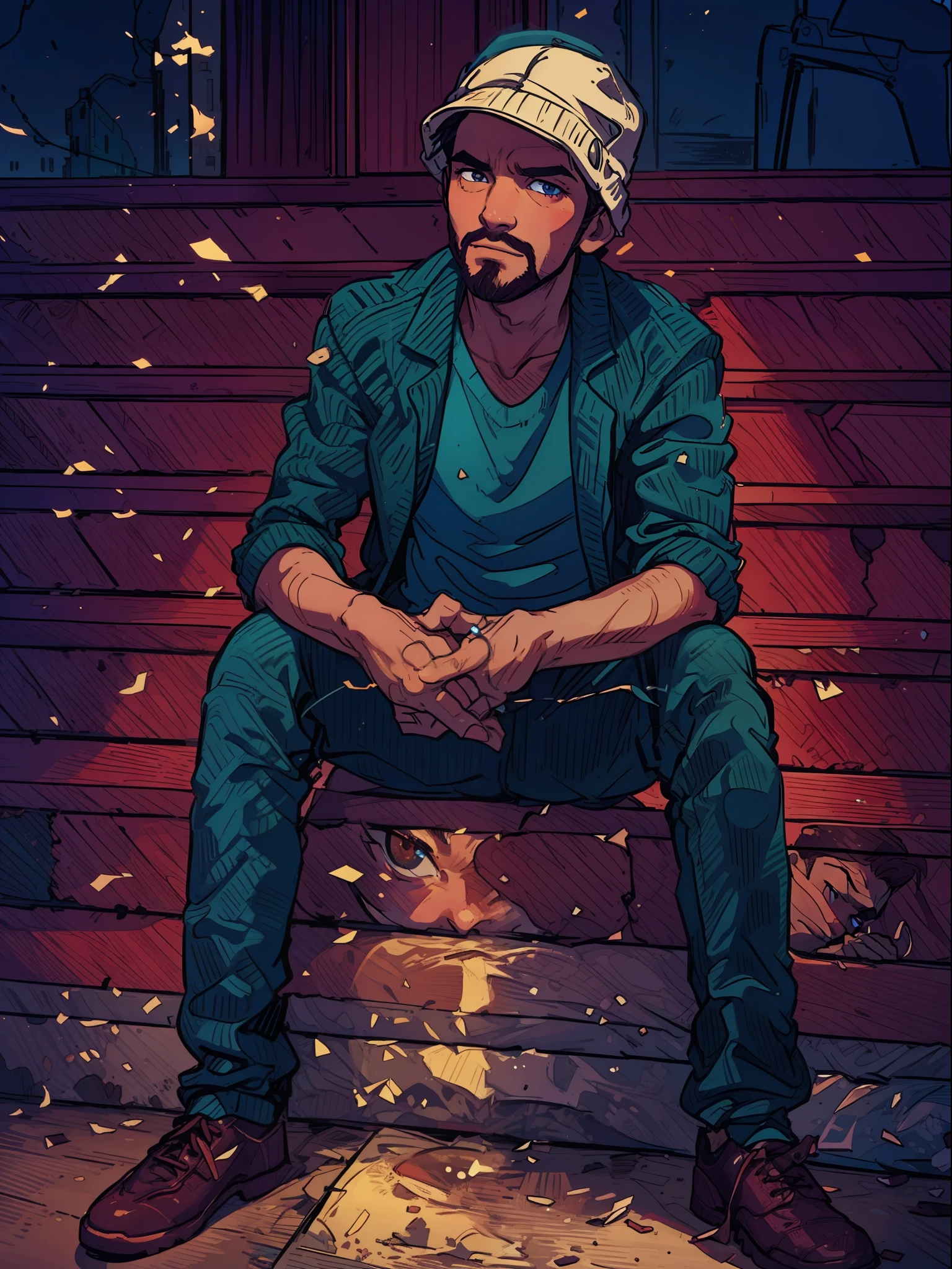 A man looks at the viewer,