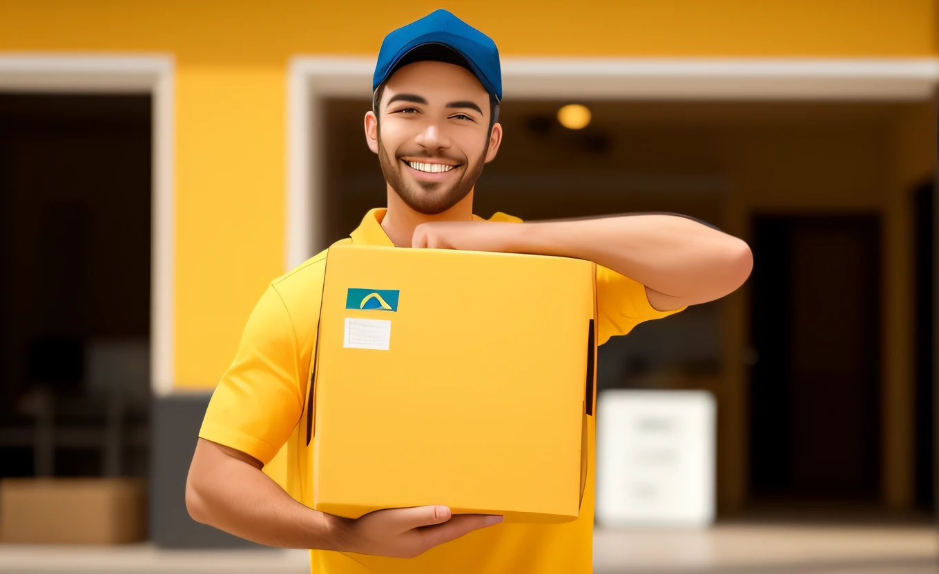 a man in a yellow shirt holding a cardboard box, entregando caixa de parsel, Entrega de pacotes para a Amazon, pexels, with a happy expression, segurando um material, foto de perfil, em um canva amarelo, delivering mail, retrato de alta qualidade, Vencedor do concurso Pexels, smiling at camera, foto de perfil, sorridente, com um monte de coisas, homem atraente --auto