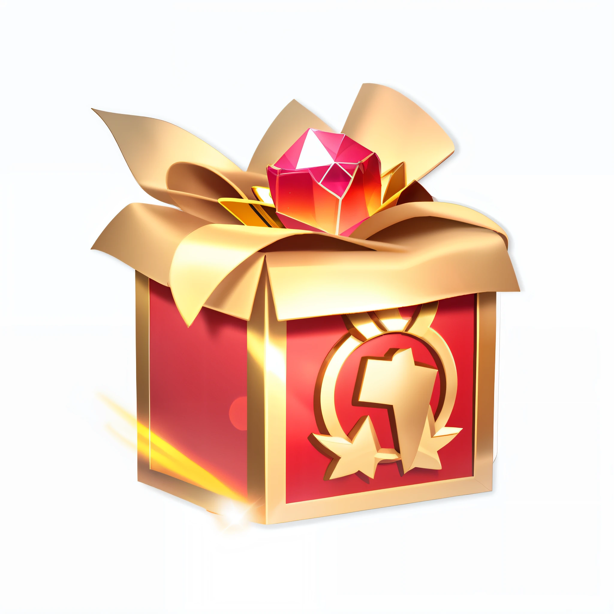 There is a gold and red gift box,It has a pink bow on it, loot box, 3 d icon for mobile game, gifts, Unknown, game icon asset, fanbox, epic legends game icon, magic item, item art, 9K, 9 k, masterpeice, author:Master of Han Chinese, ability image, magic spell icon, presenting magic gem, gifts