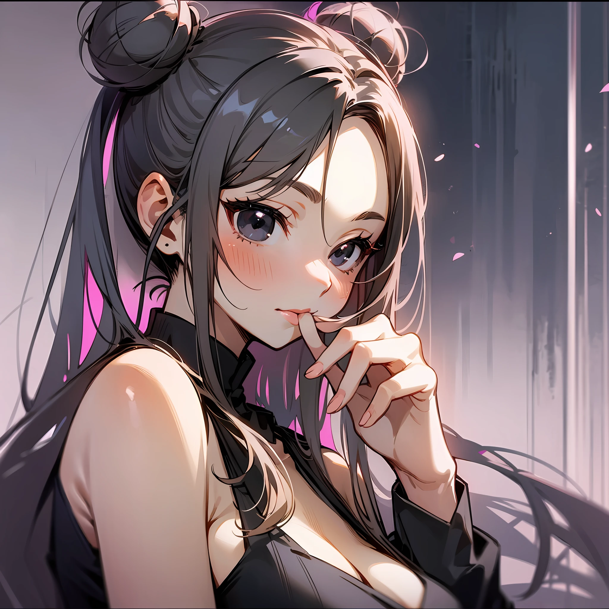 Beautiful young girl with two buns in her hair, Putting finger on lip, facial focus, embarrassing, black eyes, full breasts, beautiful, cute, and desirable, anime style --auto --s2